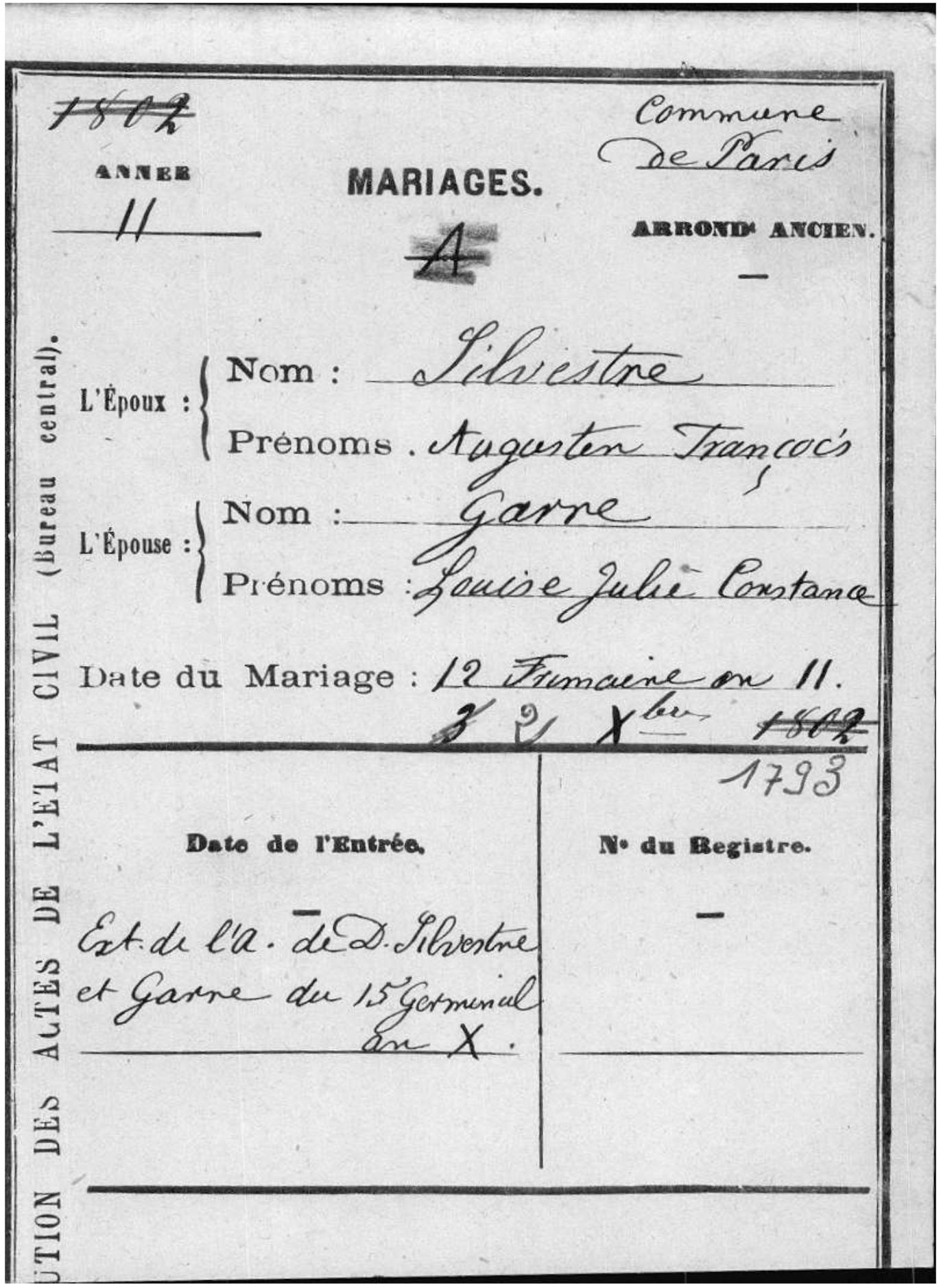 Acte de Mariage de Augustin-François de Silvestre et Constance Garre - Document 2
