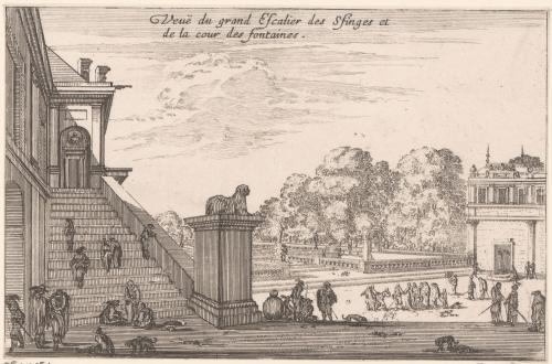 216.9 Veuë du grand Escalier des Sfinges (sphinx) et de la cour des fontaines (en haut).H : 104 L : 159
 Faucheux : 216.9  Baré : N° 240