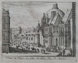 Veuë de l'Eglise des filles Ste. Marie, Rue St. Antoine. (Et de l'hôtel de Mayenne, sur le devant à droite.)
