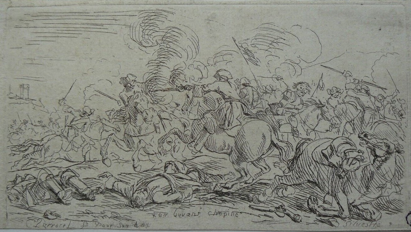 Scène de bataille de cavalerie par Charles Parrocel, dédicacée à Louis de Silvestre