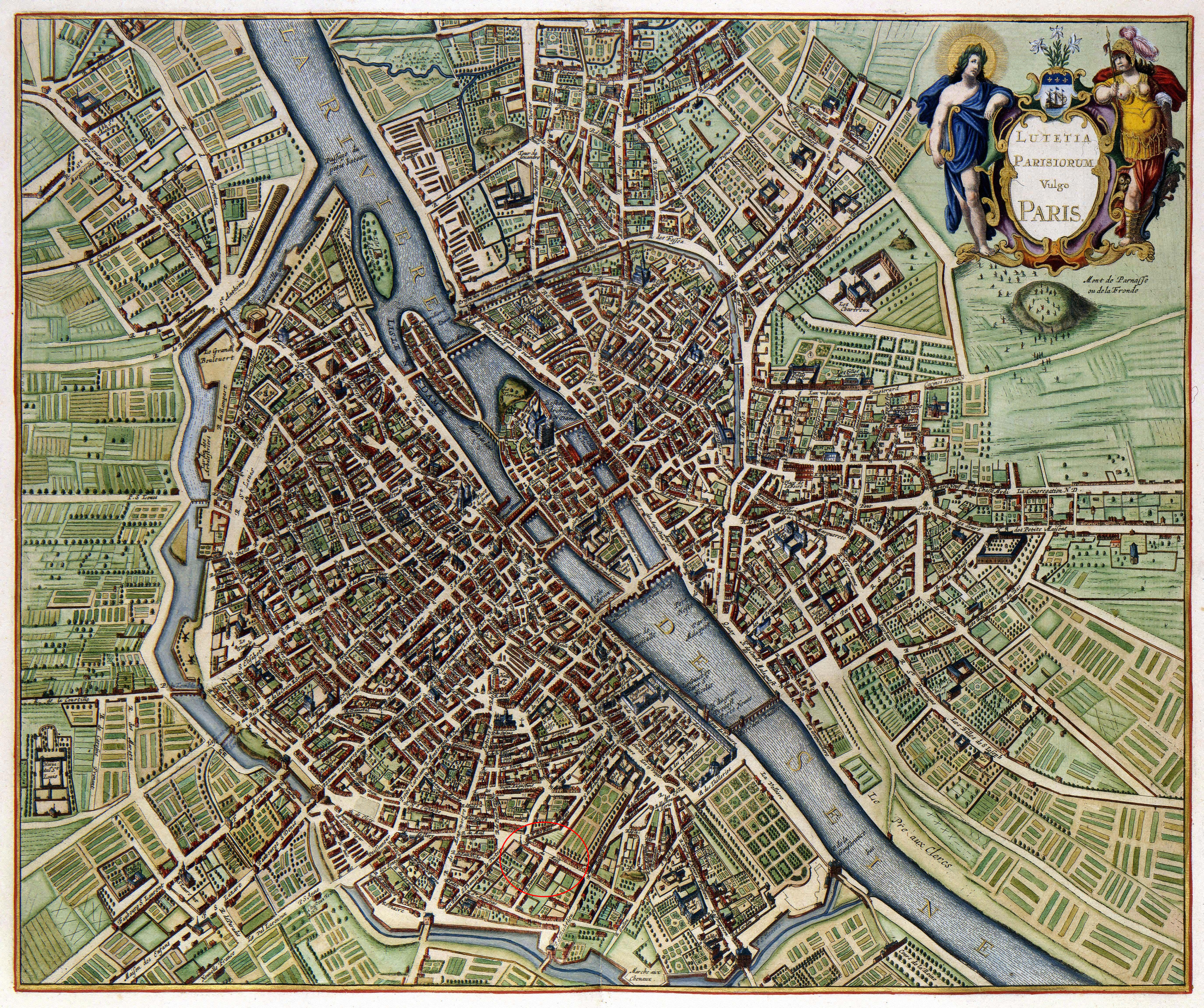 
Paris en 1657Plan de Janssonius (publié en 1657 et dessiné entre 1638 et 1652).La rue du Mail a été cerclée en rouge. On peut aussi voir la rue des Orties au Louvre. Attention le nord est plutôt en bas !