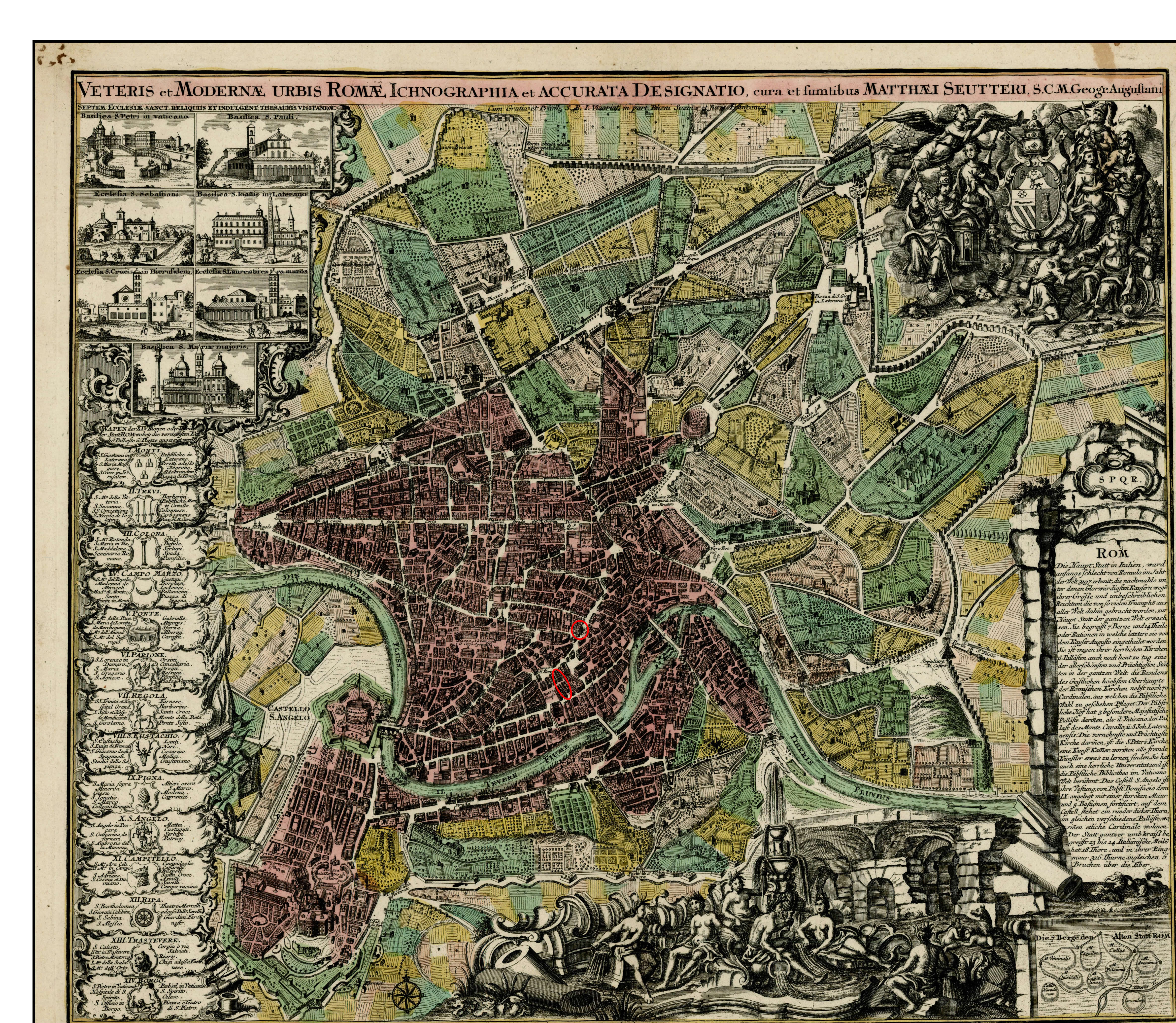 Rome en 1750.Plan par Matthäus SeutterLe nord est à gaucheLa via dei Balestrari et l'église San Salvatore in Campo sont cerclées de rouge.