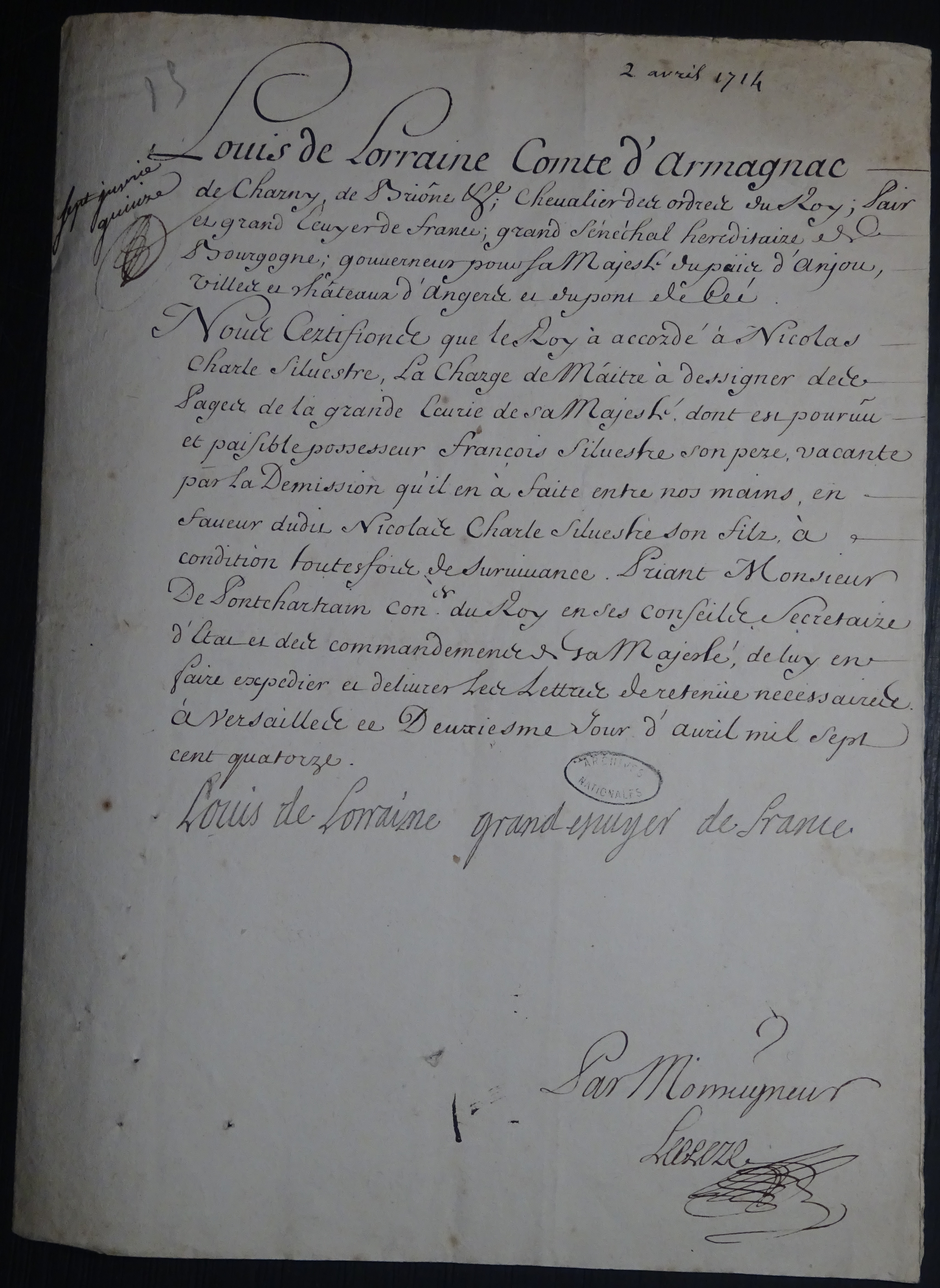 Brevet de Maître à dessiner des Pages de la grande écurie pour Charles-François Silvestre - Document 1