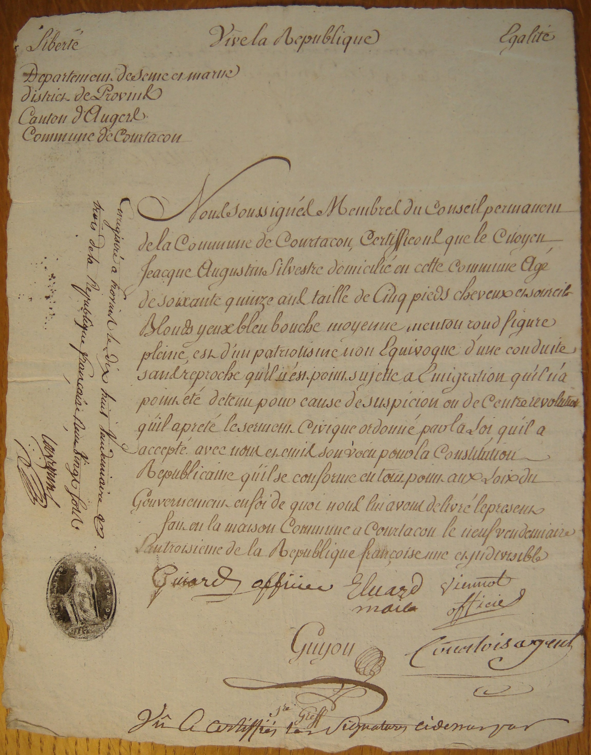 Certificat de non contre révolutionnaire pour Jacques-Augustin de Silvestre - Document 1