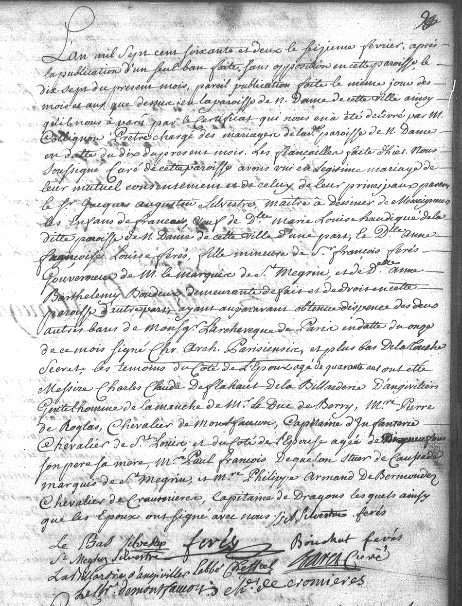 Mariage de Jacques-Augustin de Silvestre & Anne Françoise Louise Férès - Document 1