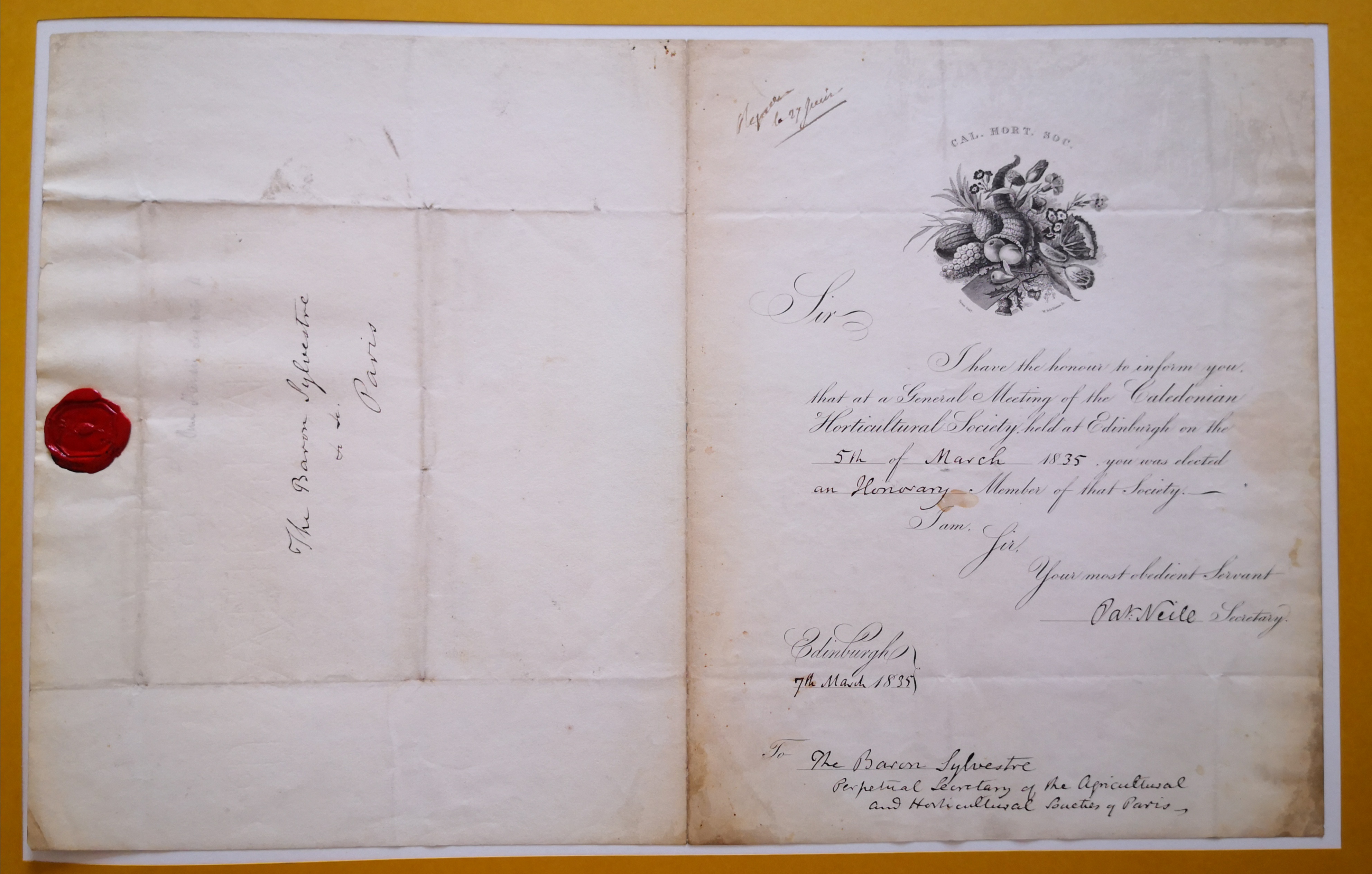  Lettre de membre d'honneur de la Caledonian Horticultural Society pour Augustin-François de Silvestre - Document 1