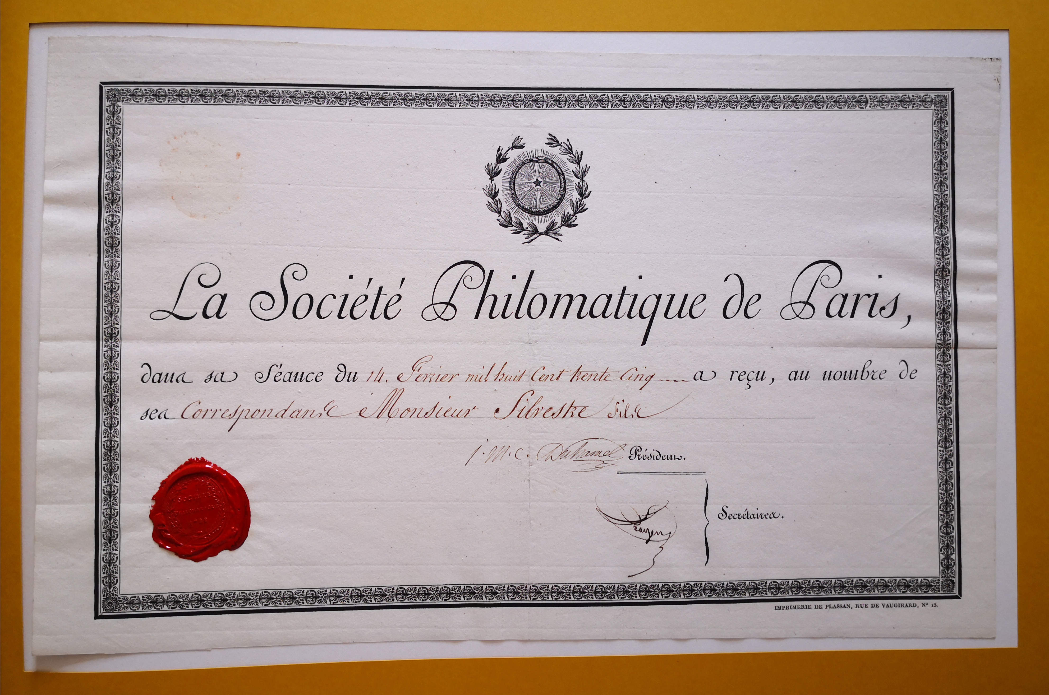  Diplôme de correspondant de la Société Philomatique de Paris décerné à Édouard de Silvestre - Document 1
