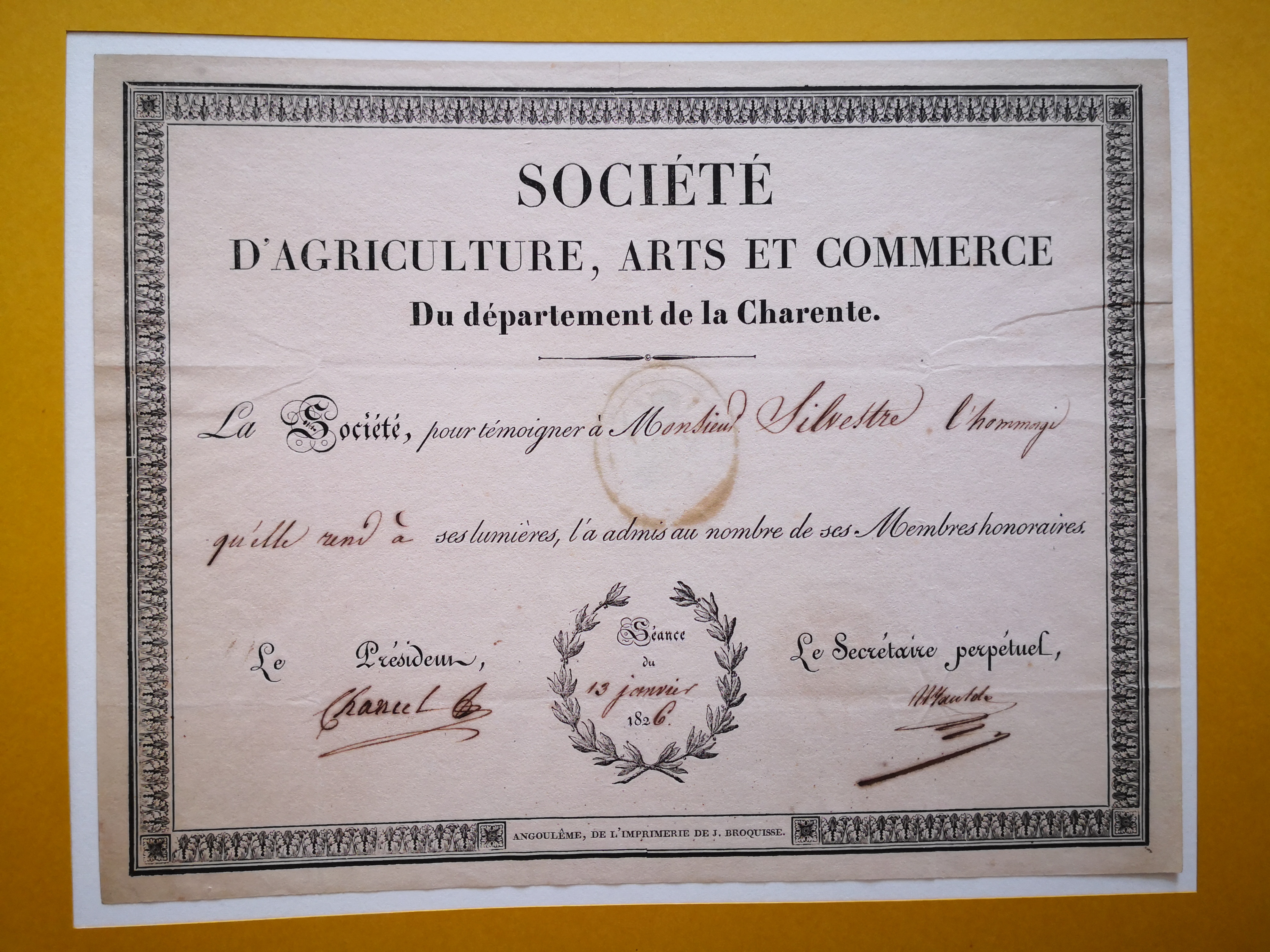  Diplôme de membre honoraire de la Société d'Agriculture, Arts et Commerce du département de la Charente - Documents