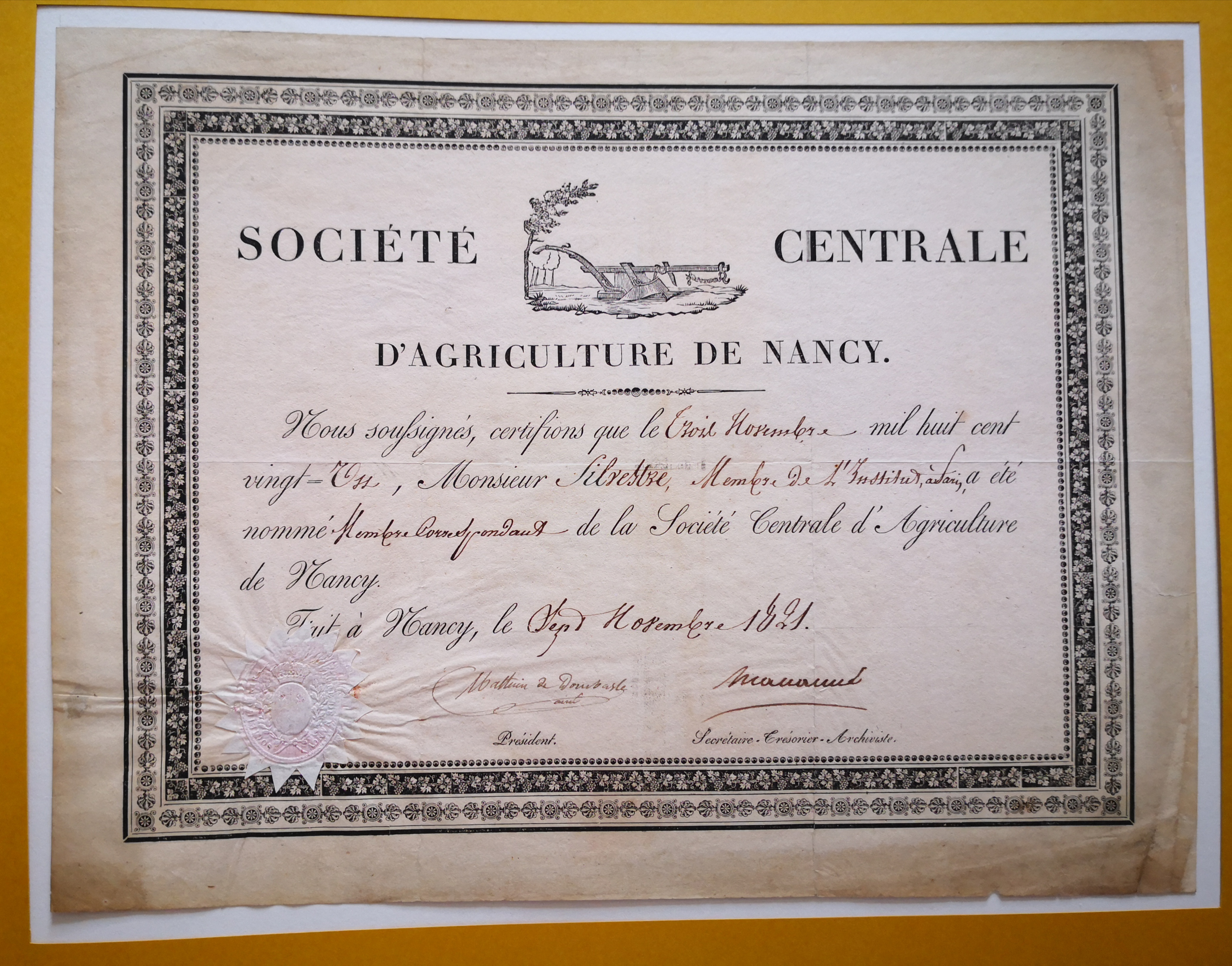  Diplôme de membre correspondant de la Société Centrale d'Agriculture de Nancy décerné à Augustin-François de Silvestre - Document 1