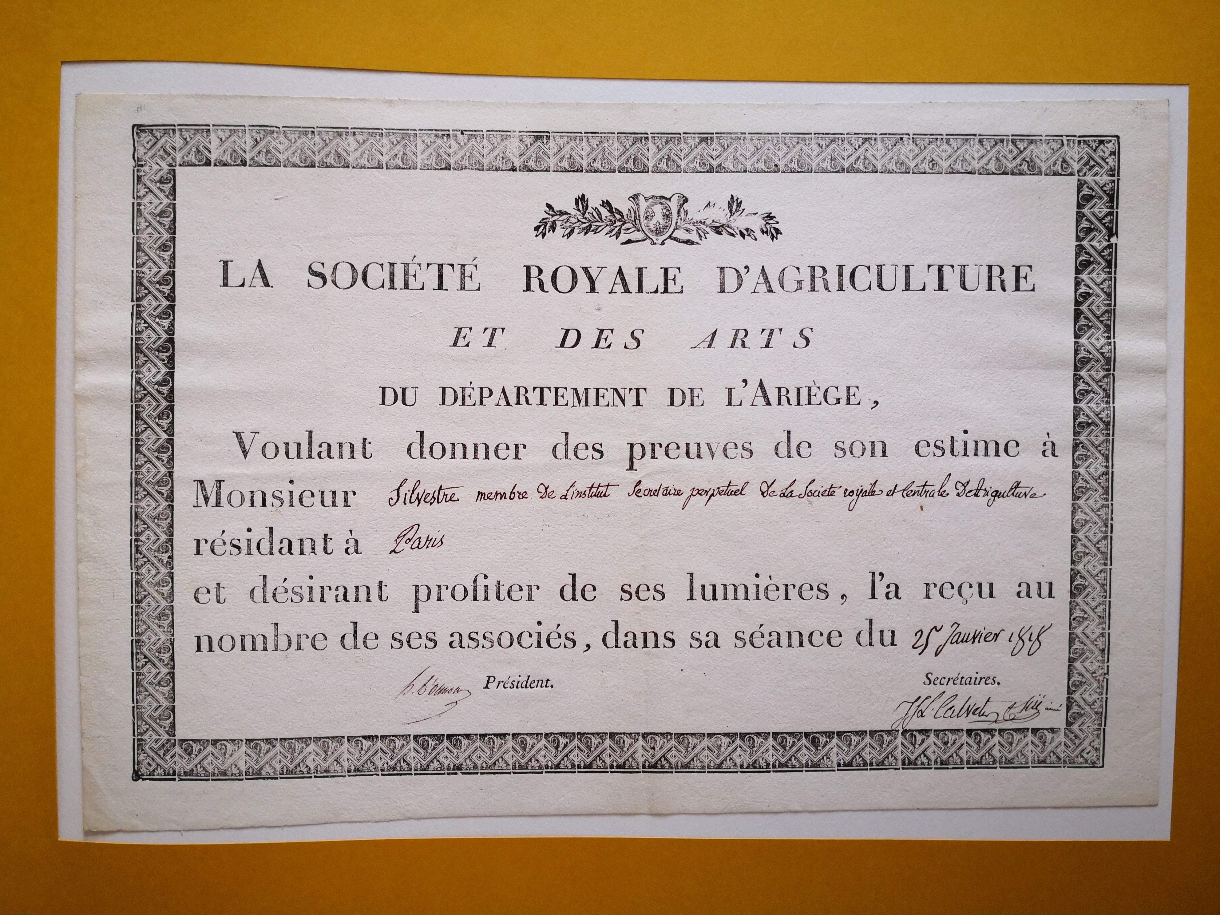 Diplôme d'associé de Sociéte Royale d'Agriculture et des Arts du département de l'Ariège - Document 1