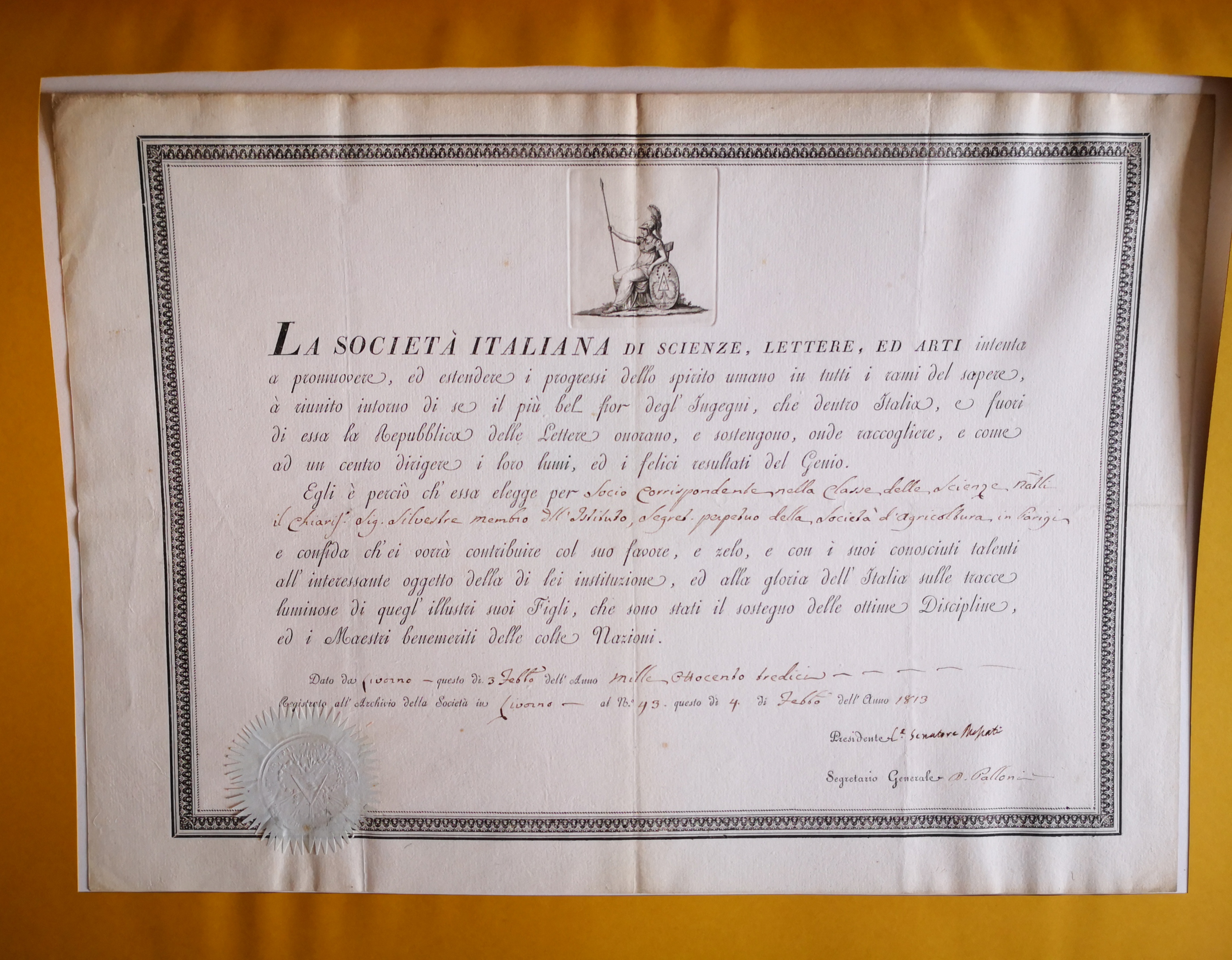  Diplôme d'associé correspondant de Società Italiana di Scienze, Lettere ed Arti décerné à Augustin-François de Silvestre - Document 1