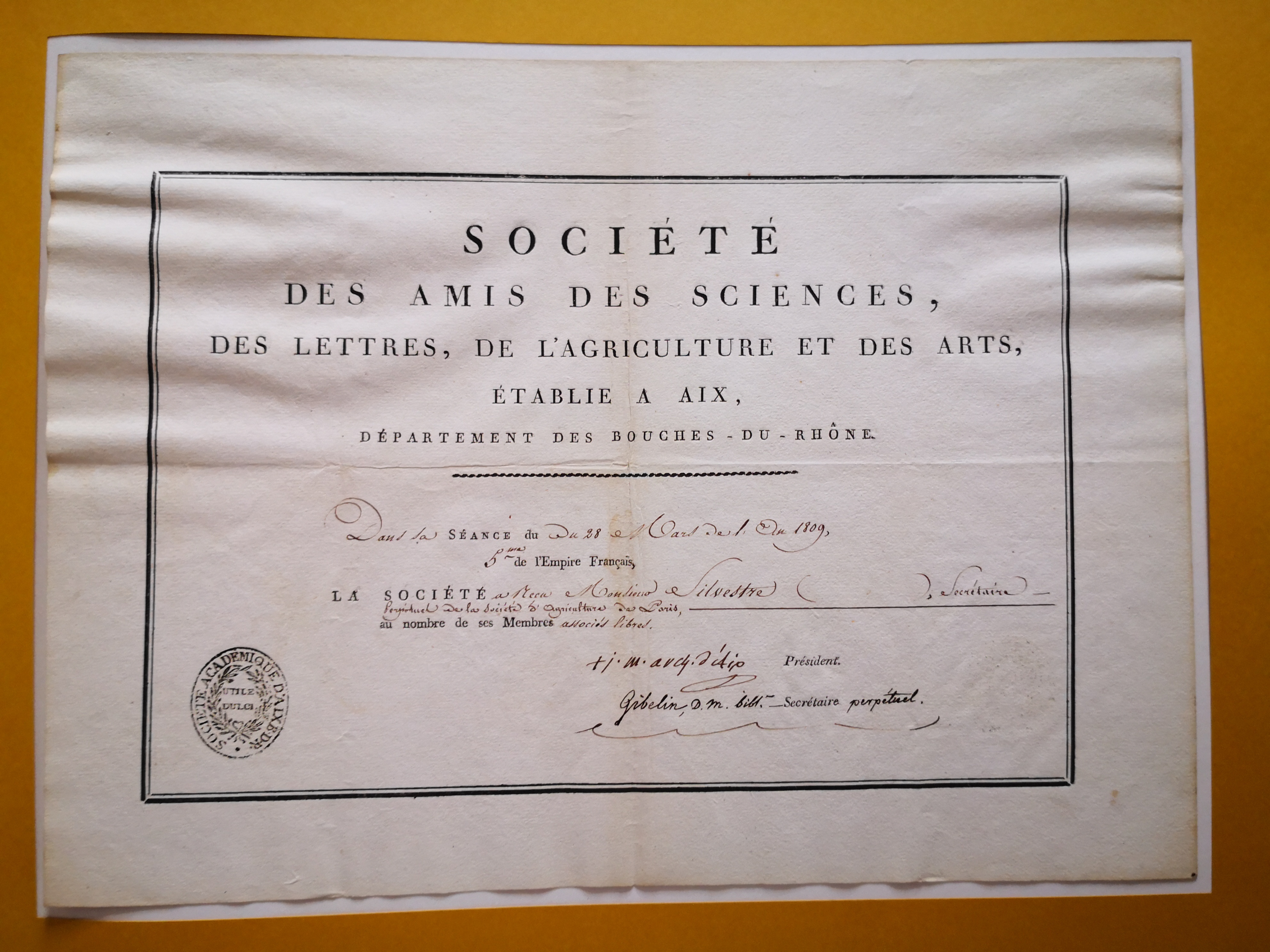  Diplôme de membre associé libre de la Société des Amis des Sciences, des Lettres, de l