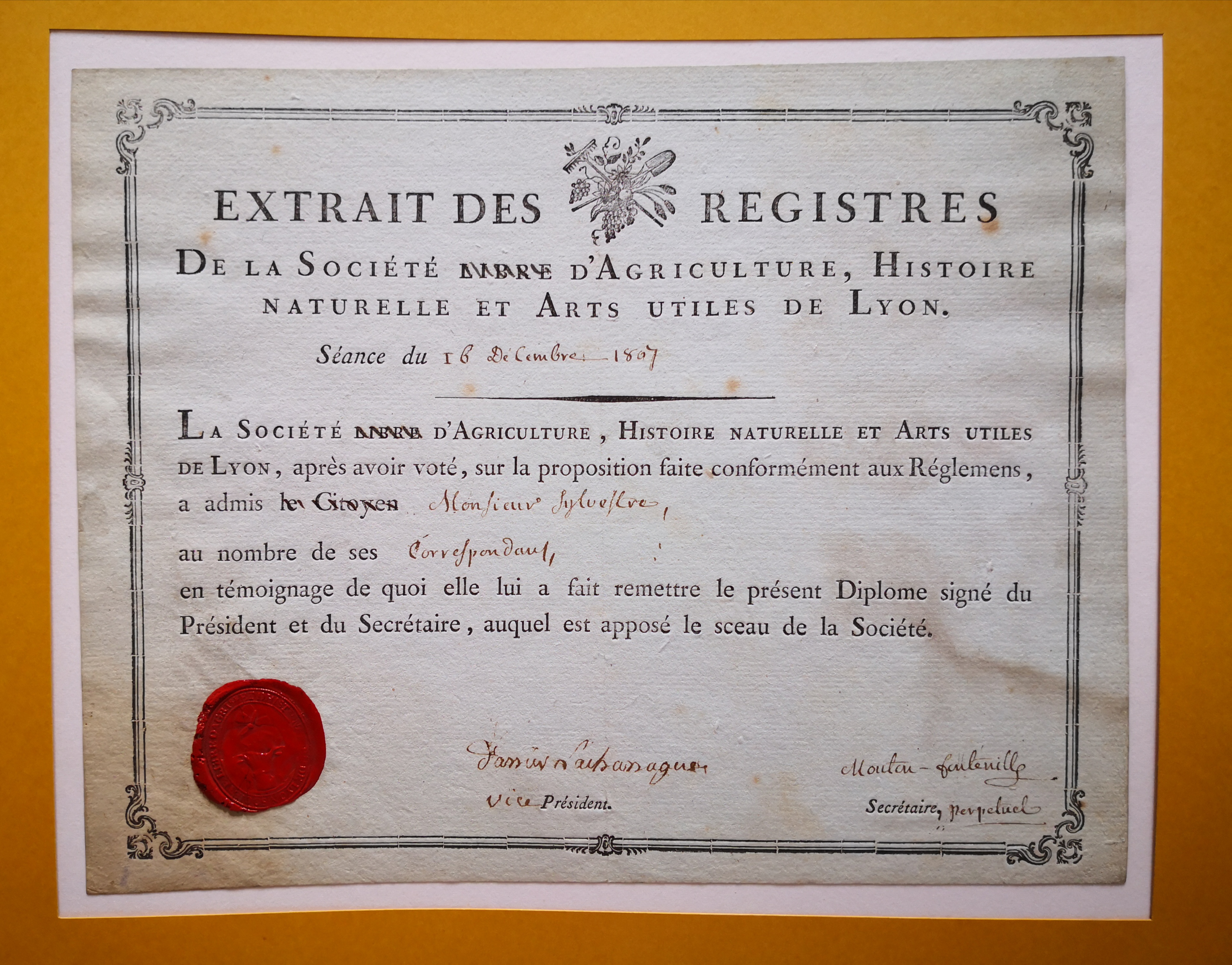  Diplôme de correspondant de de la Société d'Agriculture , Histoire Naturelle et Arts utiles de Lyon - Document 1
