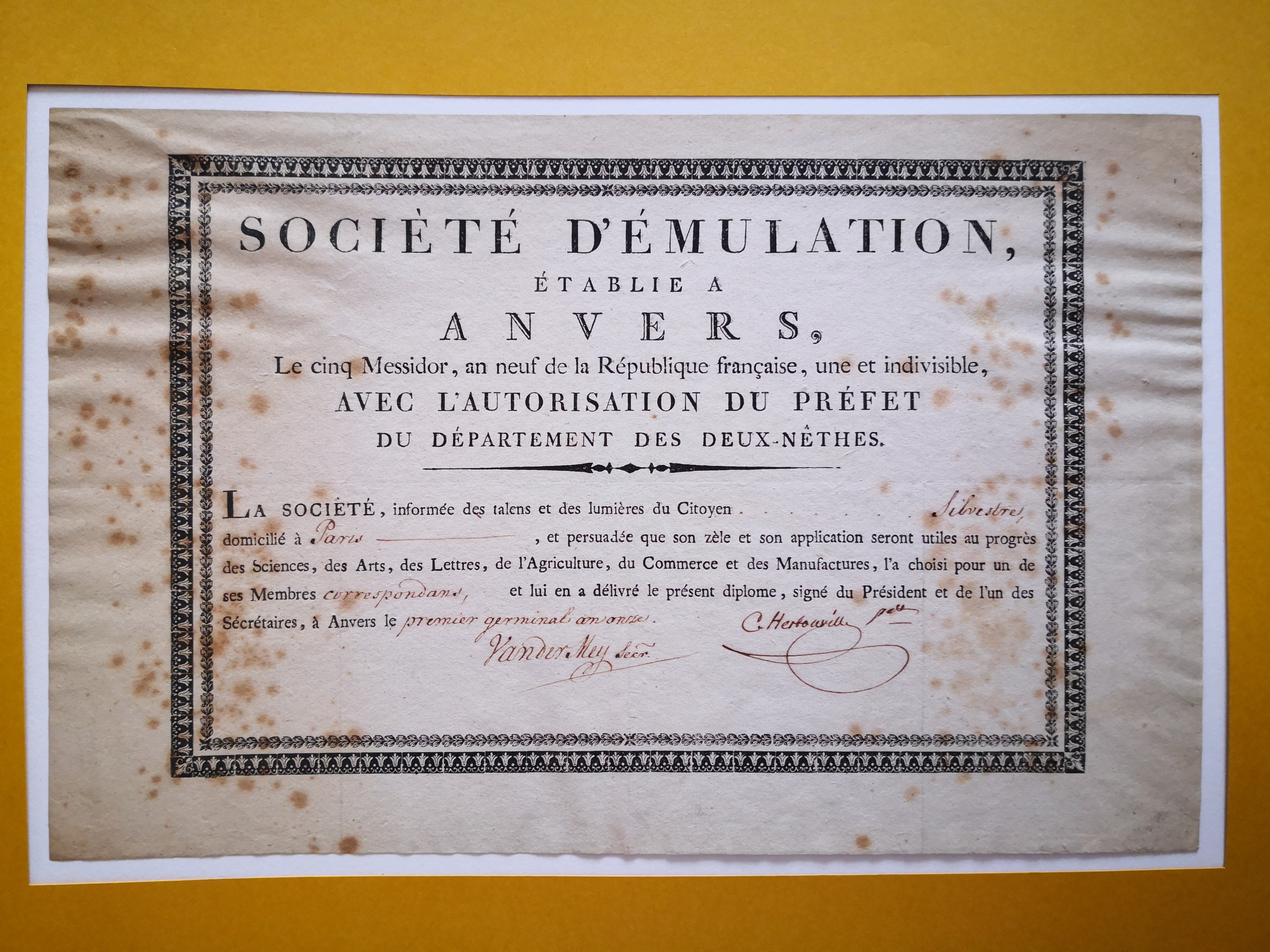  Diplôme de membre correspondant de la Société d'Emulation d'Anvers - Document 1
