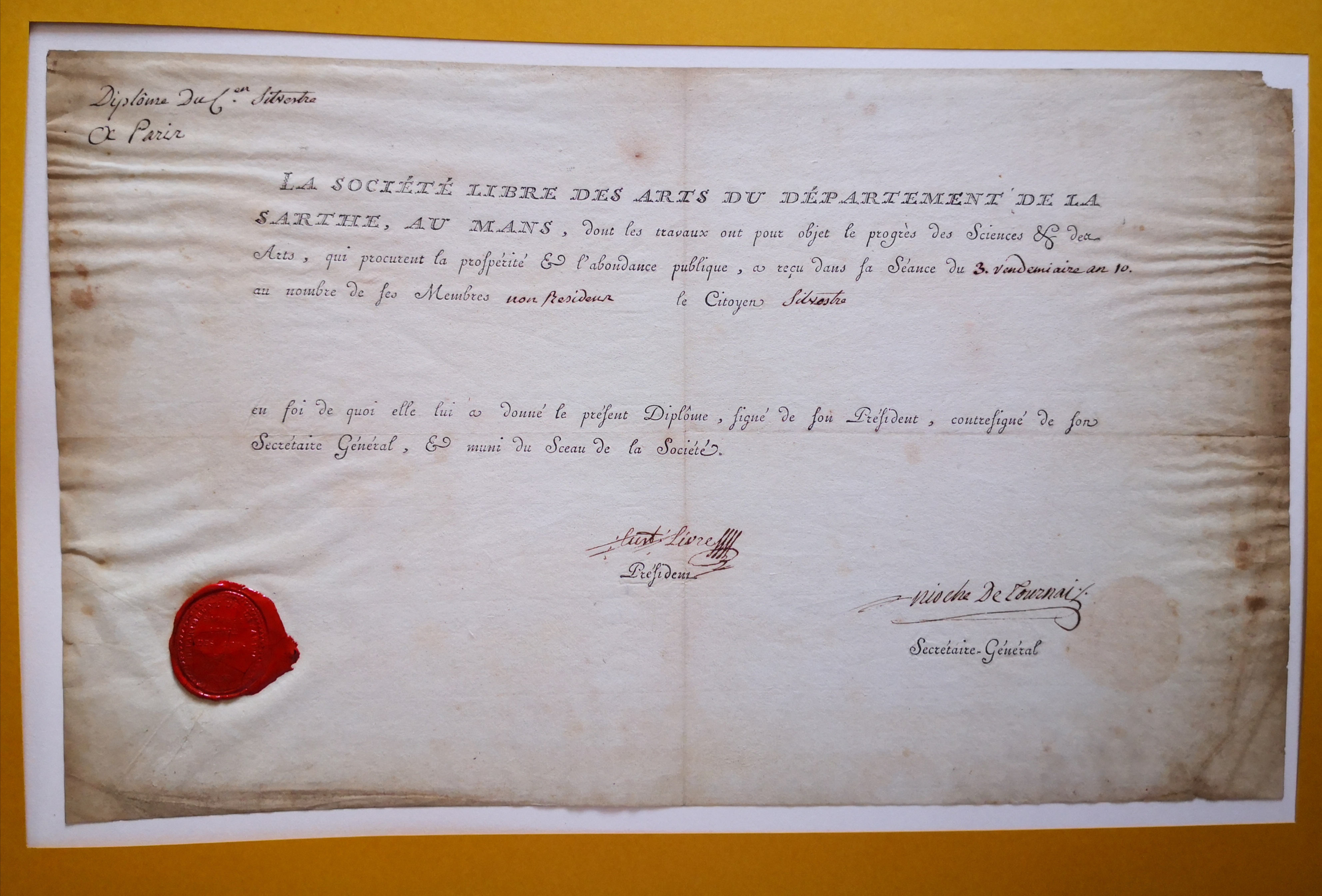  Diplôme de membre de la Société Libre des Arts du département de la Sarthe décerné à Augustin-François de Silvestre - Document 1