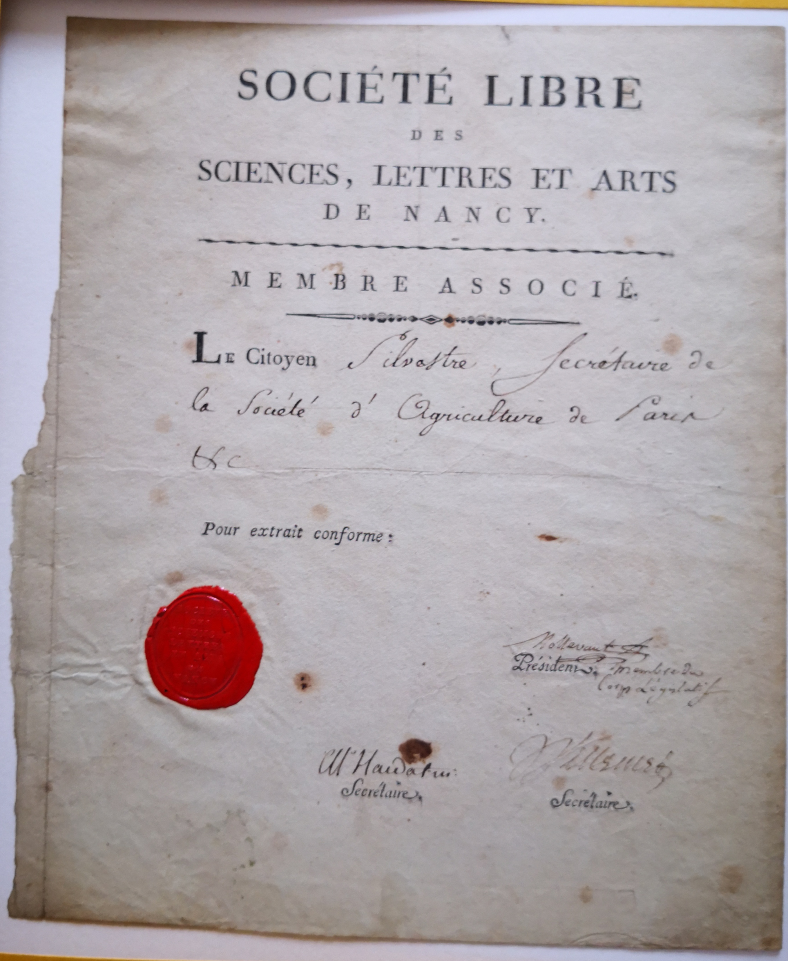  Lettre de membre associé de la Société Libre des Sciences, Lettres et Arts de Nancy pour Augustin-François de Silvestre - Document 1