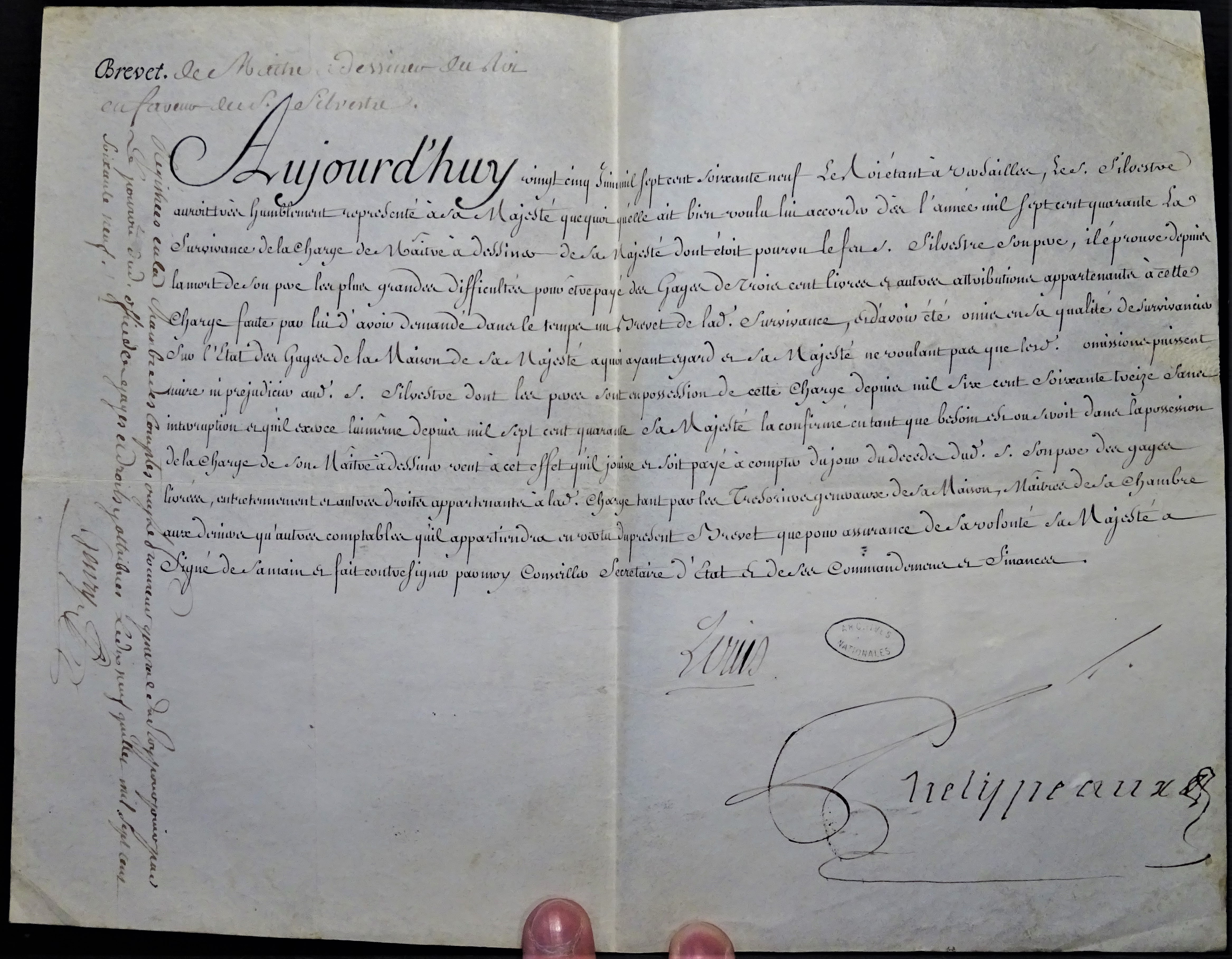  Brevet de maître à dessiner du Roy pour Jacques-Augustin de Silvestre - Document 1