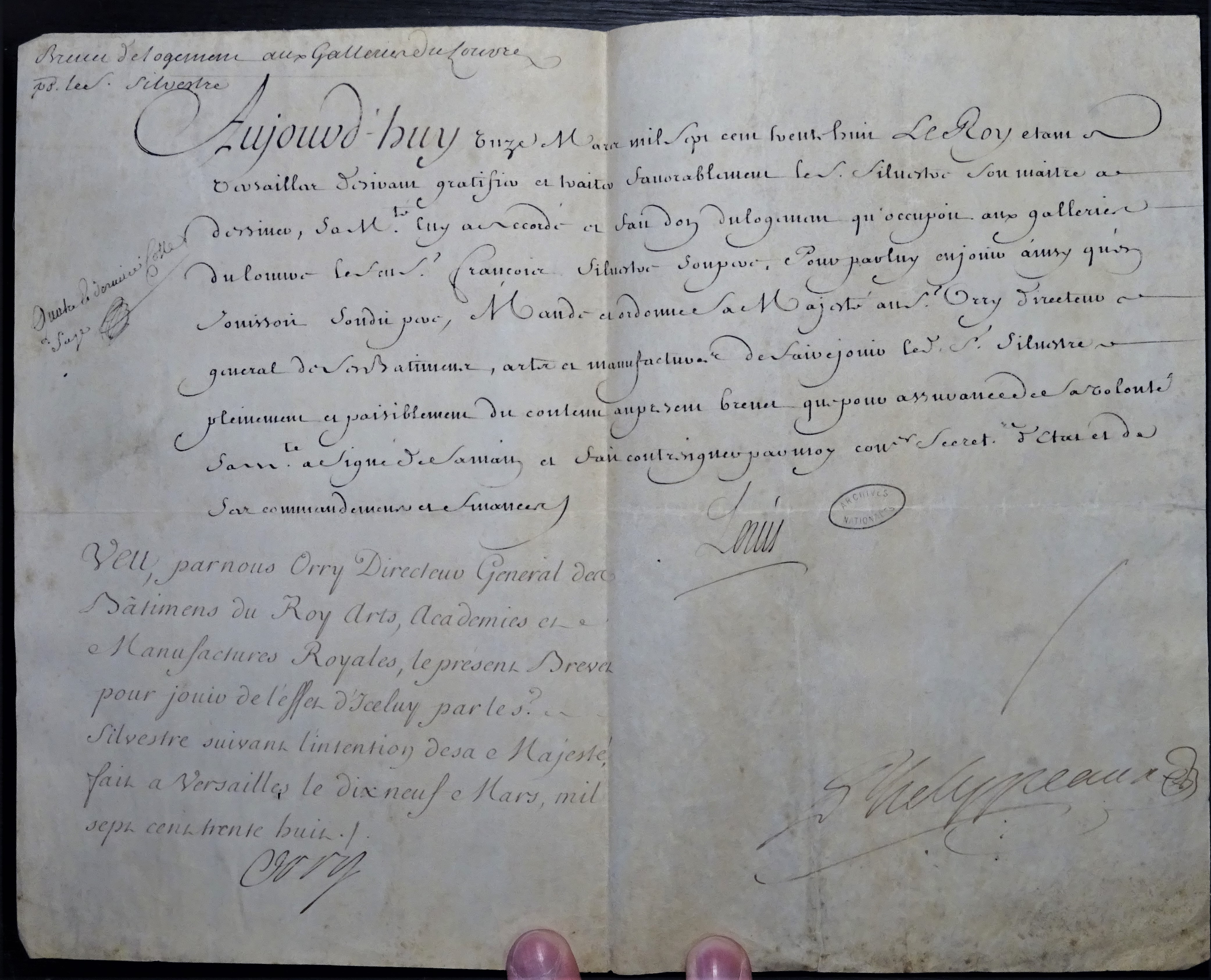  Brevet de logement aux Galleries du Louvre pour Nicolas-Charles de Silvestre - Document 1