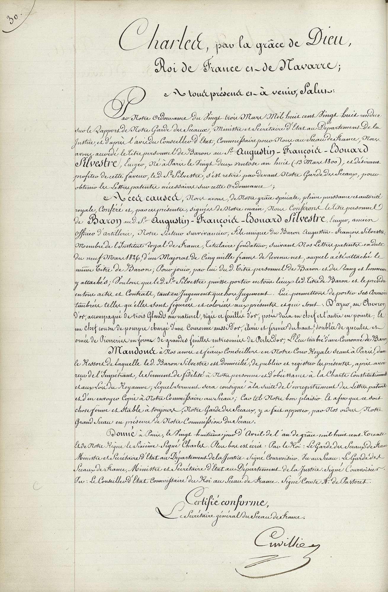  Titre personnel de baron, accordé à Edouard Silvestre - Document 1