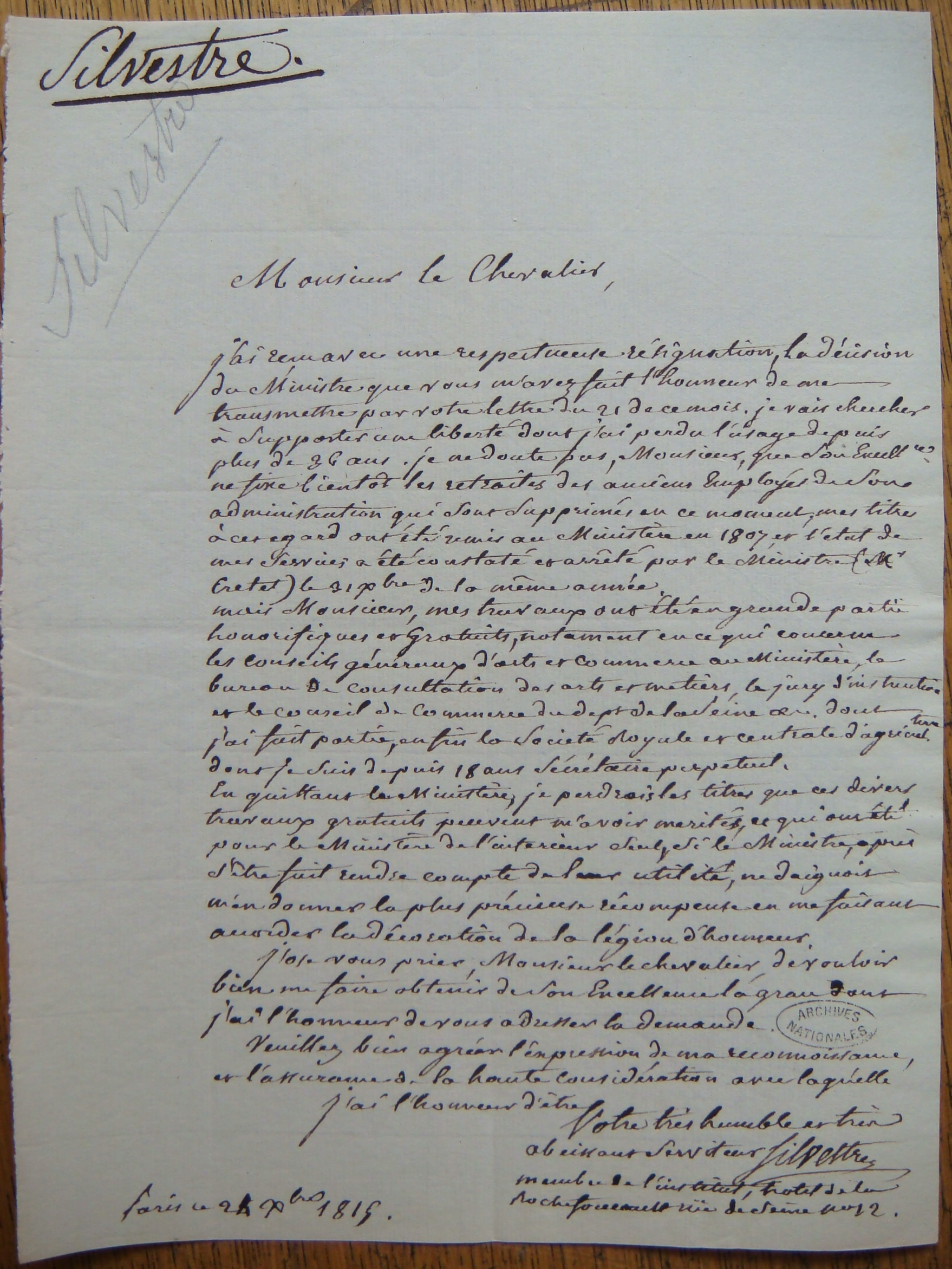 Demande de légion d'honneur pour Augustin-François de Silvestre - Document 1