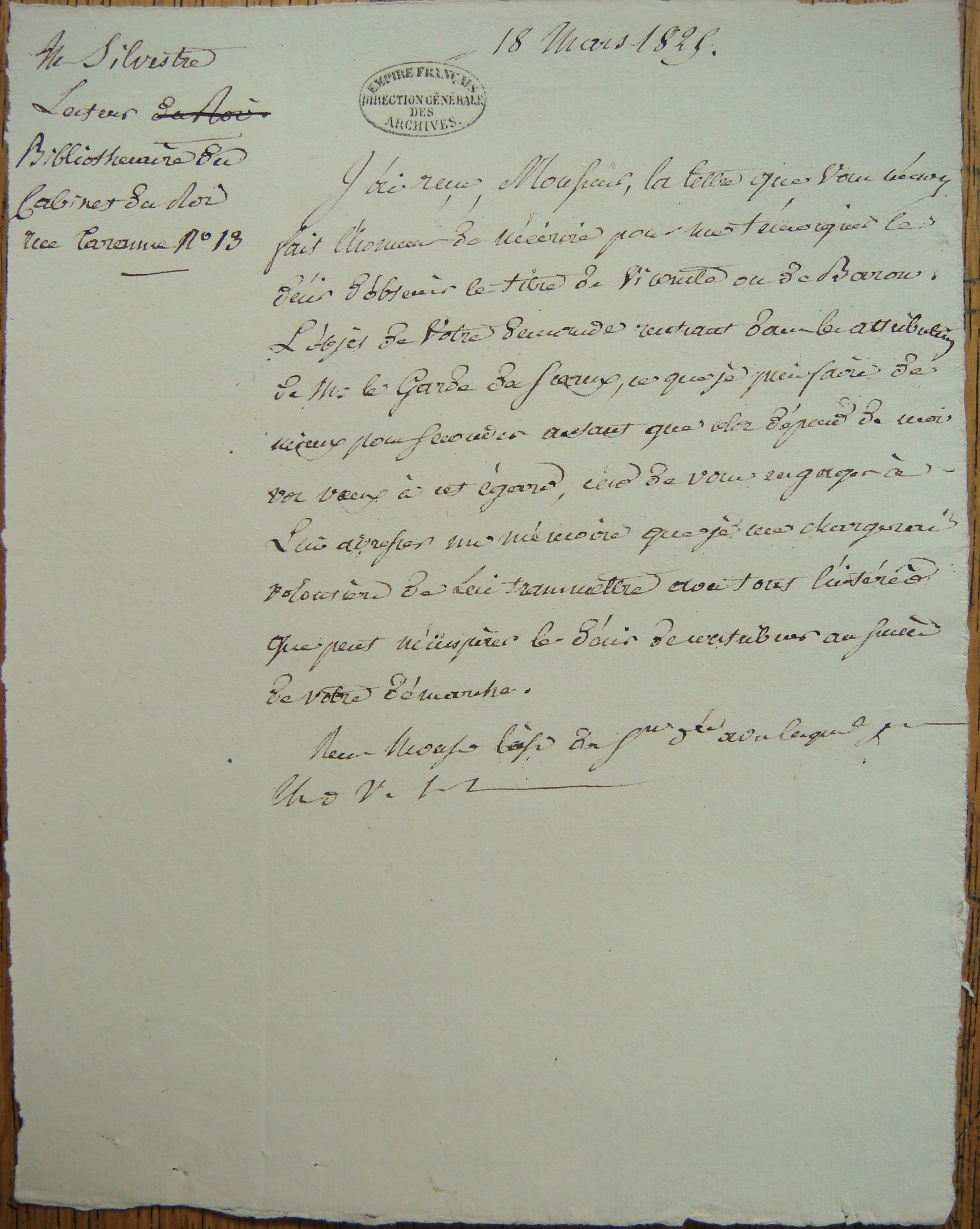 Réponse du duc de Doudeauville à le demande de titre de vicomte ou de baron - Document 1