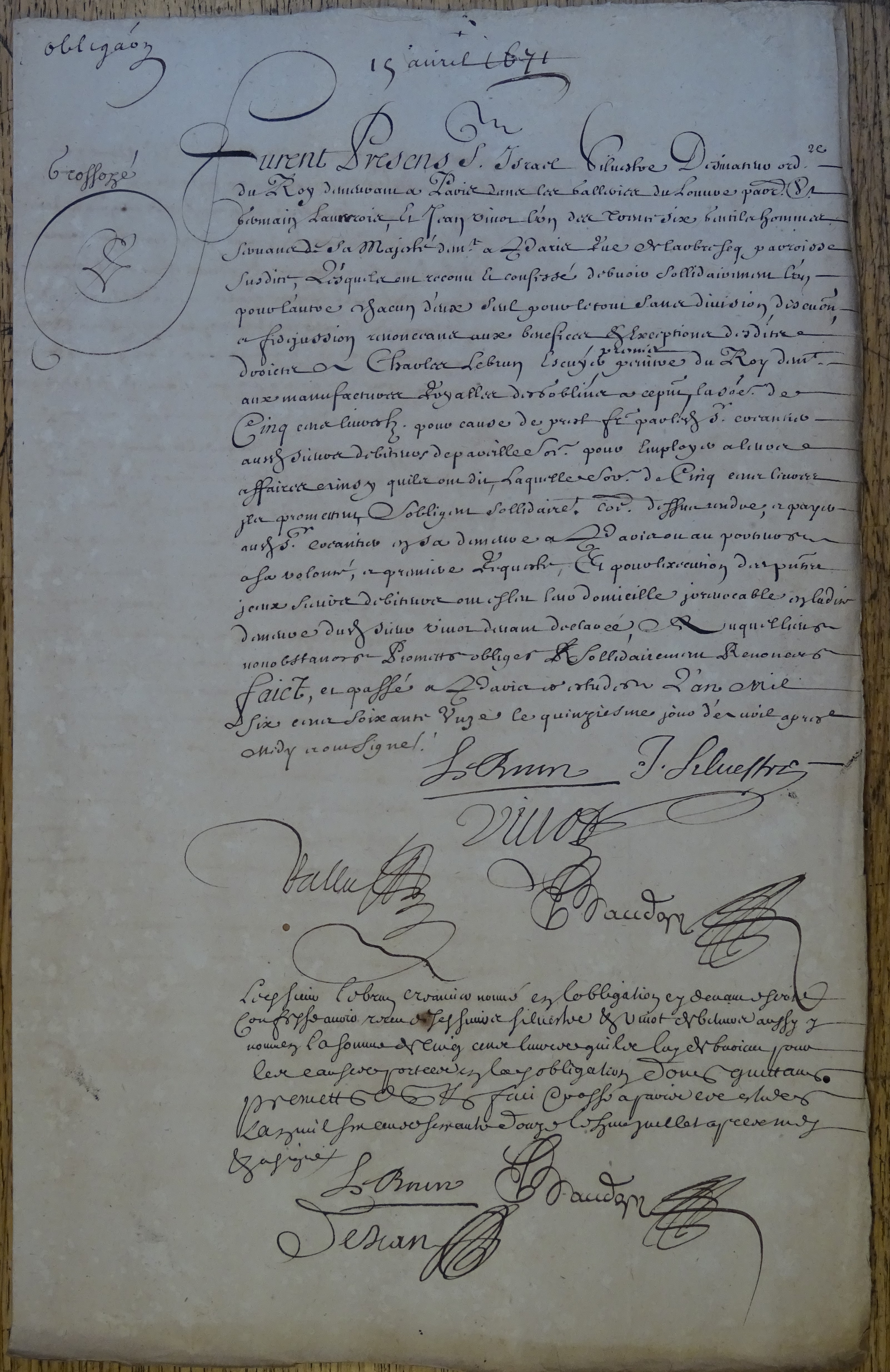  Israël Silvestre emprunte 500 livres à Charles Le Brun pour acheter une maison à Chaillot - Document 1