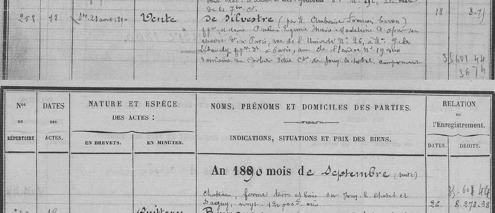Vente du Corbier le 23 août 1890Le Corbier est vendu par Franz de Silvestre à Jules Lebaudy et échoira à son  fils Jacques Lebaudy (alias Sa Majesté Jacques 1er du Sahara).