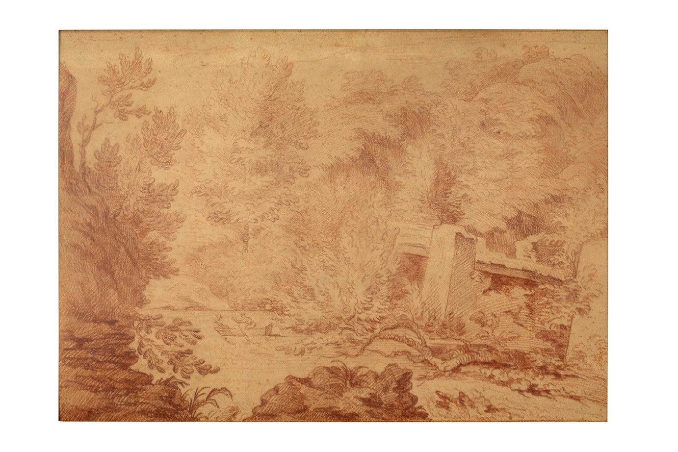 Paysage de rivière animé avec des personnages dans une barque