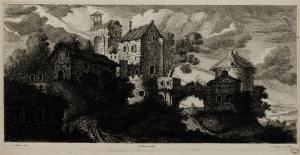 Village avec une église et une maison reliée par une arche par Louis Silvestre - Alexandre Silvestre - Charles-François Silvestre