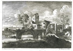Hameau en ruine devant un pont aussi en ruineLouis Silvestre - Charles-François Silvestre