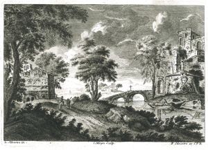 Ruine d'un chateau devant un pont par Louis Silvestre - Charles-François Silvestre