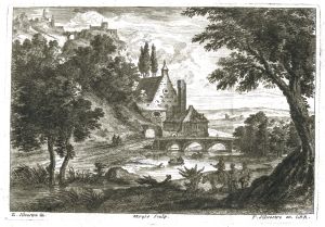 Chaumière et église derrière un pont par Louis Silvestre - Charles-François Silvestre