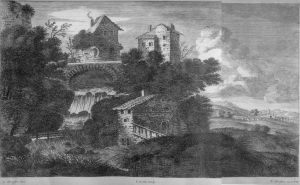 Hameau surplombant une cascade  par Louis Silvestre - Alexandre Silvestre - Charles-François Silvestre