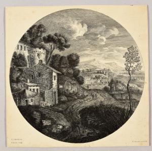 Paysage avec à gauche un chateau et au fond une place avec une fontaineLouis Silvestre - Charles-François Silvestre