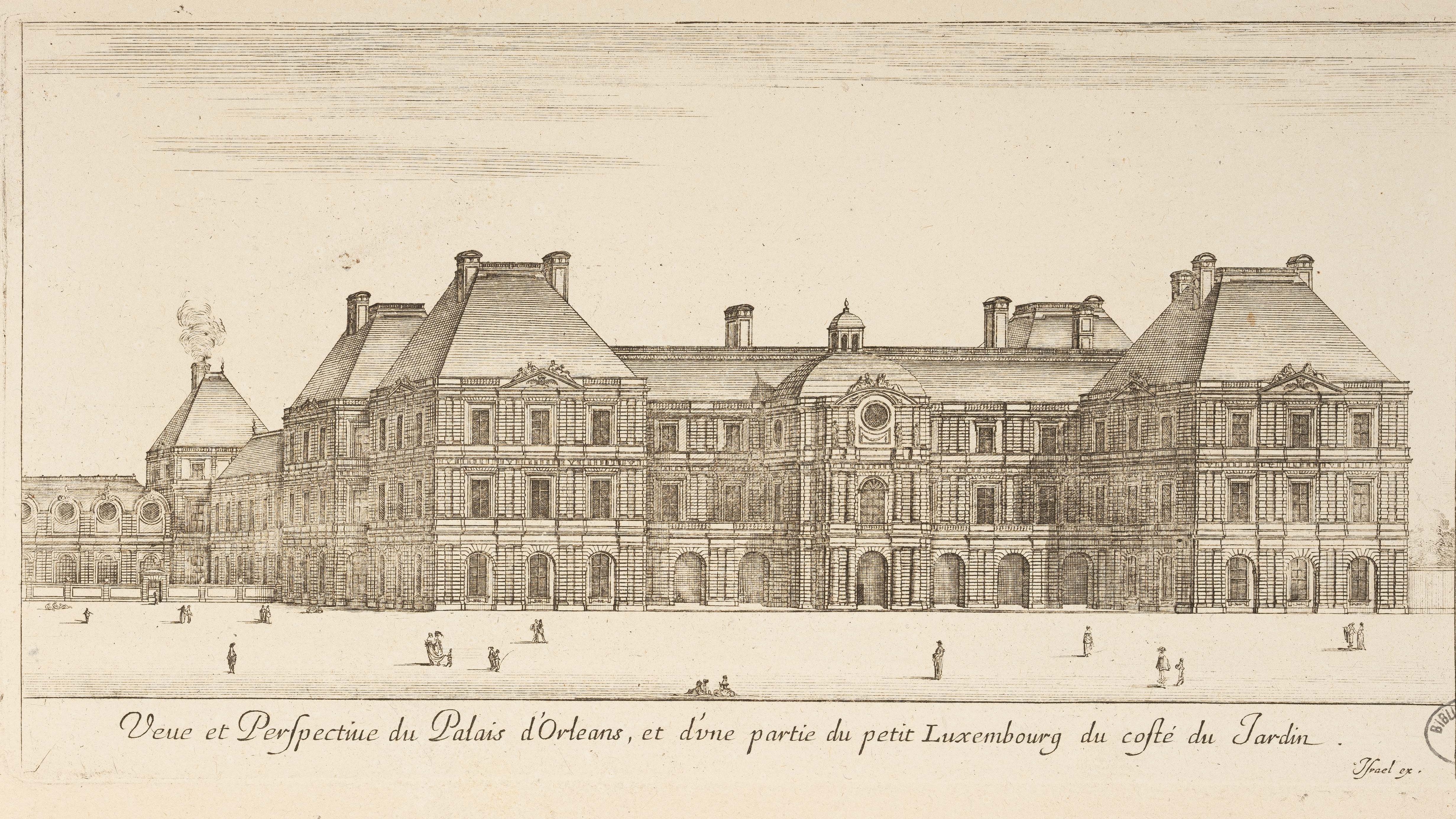 Israël Silvestre : Veue et Perspectiue du Palais d'Orleans, et d'une partie du petit Luxembourg du costé du Jardin.