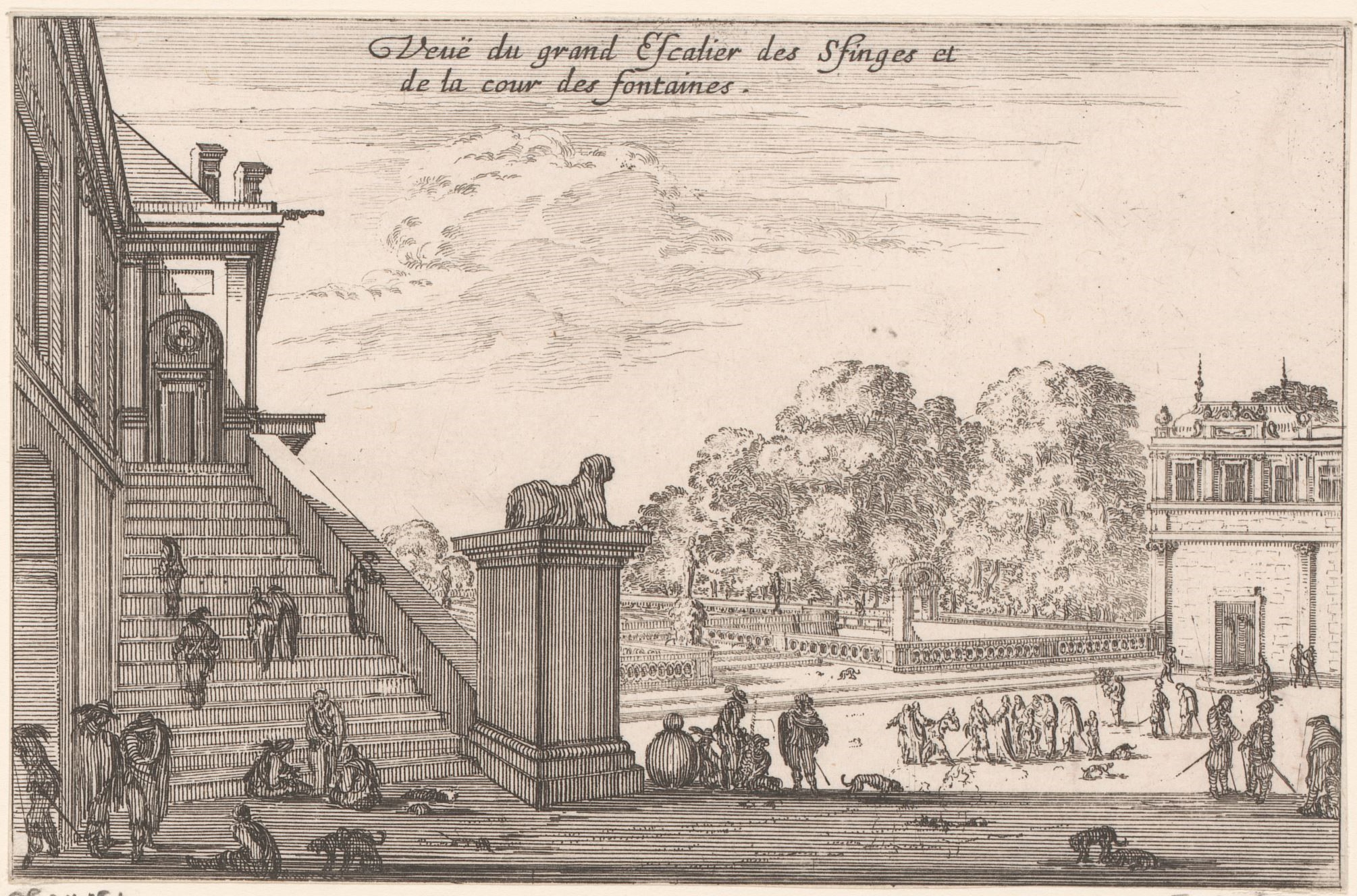 Israël Silvestre : Veuë du grand Escalier des Sfinges (sphinx) et de la cour des fontaines (en haut).