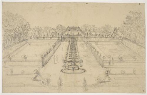 258.102 Vue de la cascade et des jardins de la maison de Le Brun à Montmorency
 Dessin pour la gravure Faucheux : 258.102Crédit : Louvre INV 33046