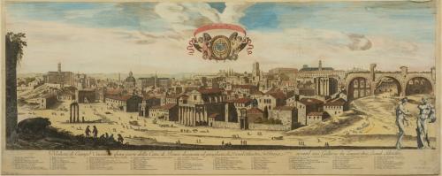 32.1 Veduta di Campo Vaccino, e d'una parte della Citta.Di Roma disegnata ed jntagliata da Israël Siluestro, in Parigi, per ordine del Sig Giovani Viuot Ragiouiero della Casa Reale. Cum Priuilegio Regis.H : 376 L : 937
 Faucheux : 32.1, version colorée  Baré : N° 769