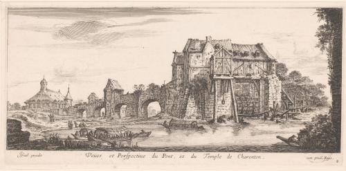 Veües et Perspectiue du Pont, et du Temple de Charenton.