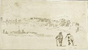 500.60 Croquis avec deux personnages, une barque , et un pont au loin
 Dessin (Hors Faucheux)Crédit : Passé dans un album chez Christie's