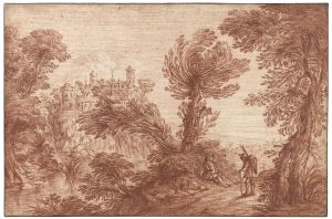 Voyageurs dans un paysage avec un chateau au fondNicolas-Charles de Silvestre