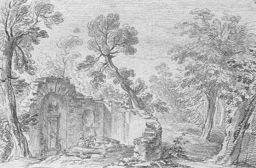 Nicolas-Charles Silvestre : Mur en ruine avec une niche dans les bois