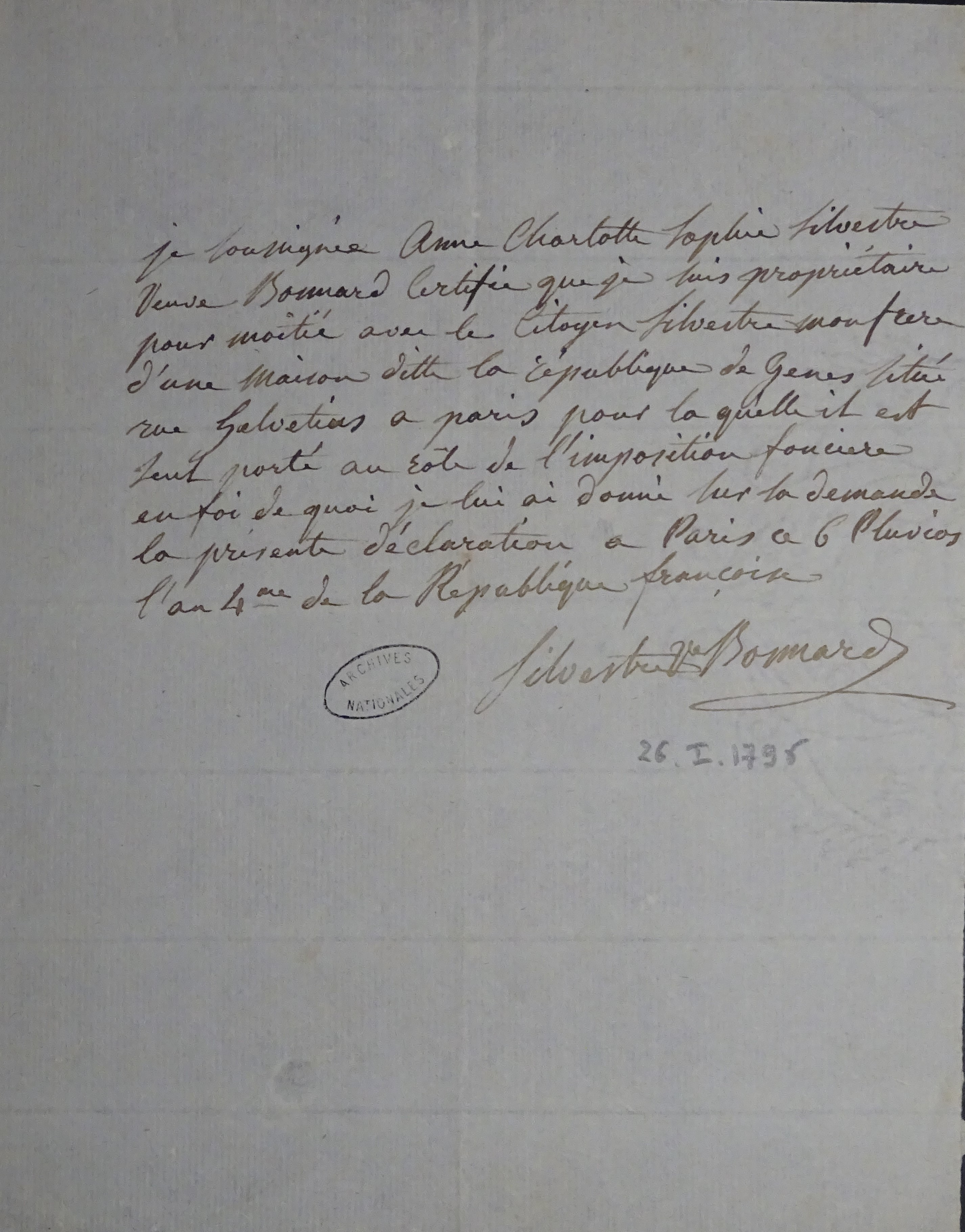 Lettre de Anne Charlotte Sophie de Silvestre concernant l'imposition foncière.