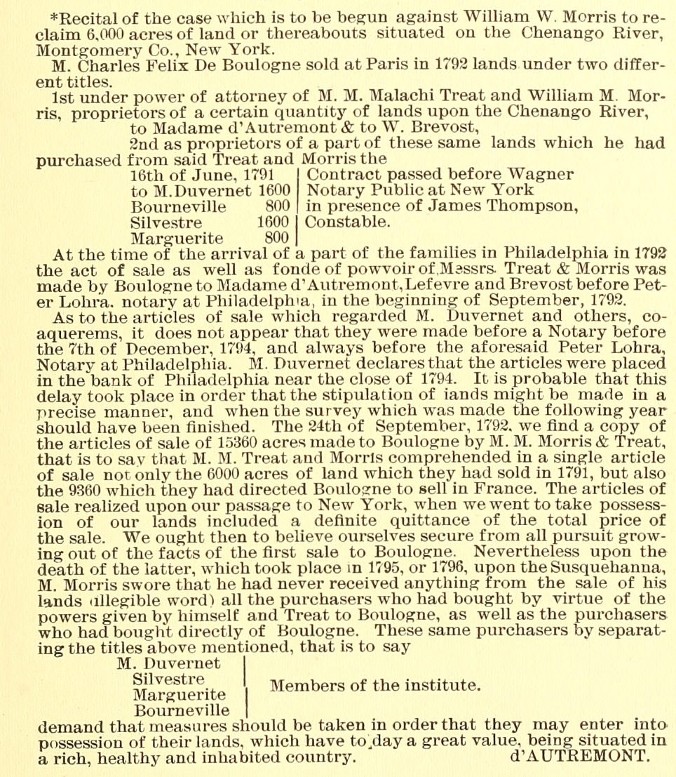 Résumé du procès qui doit être intenté à William W. Morris pour récupérer environ 6000 acres de terrain situés sur la rivière Chenango dans le comté de Montgomery; état de New-YorkAutremont papers - The Schlesinger Library / Harvard Library