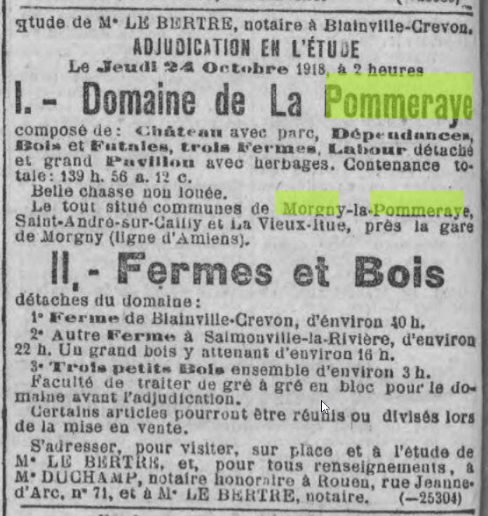 Annonce notariale pour la vente de la pommerayeCoupure du journal de Rouen.
