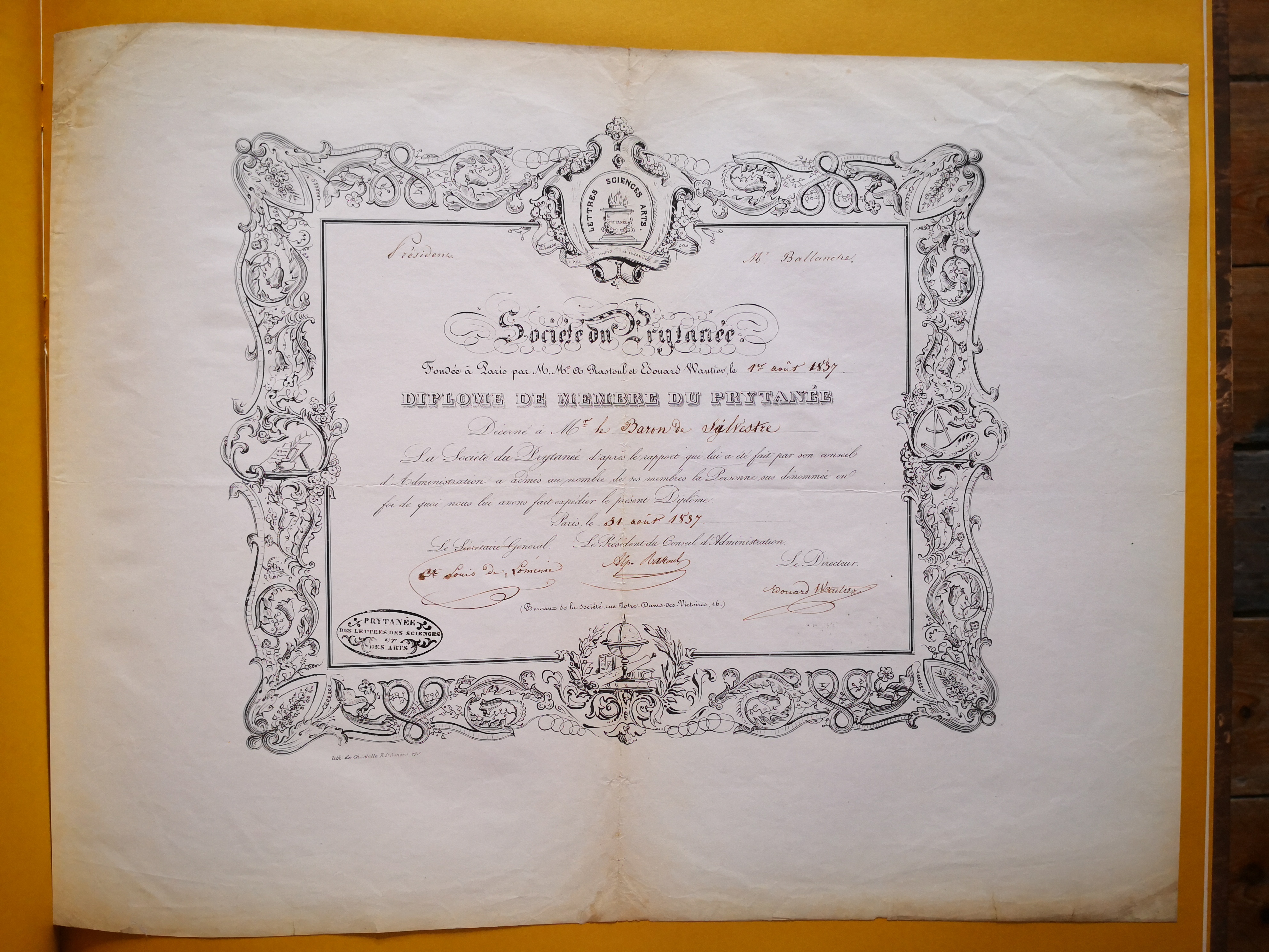  Diplôme de membre du Prytanée des lettres des sciences et des arts décerné à Augustin-François de Silvestre - Document 1