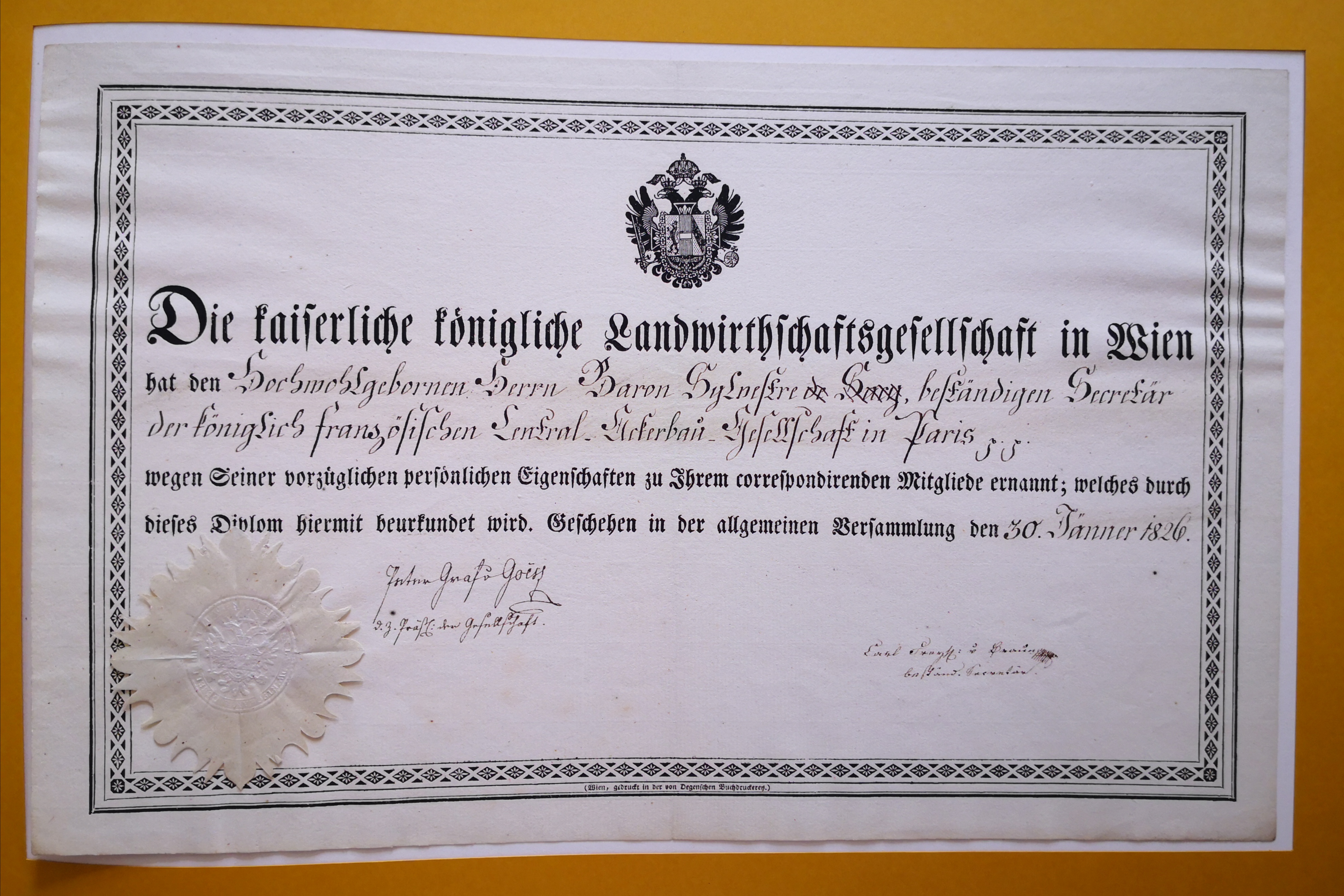  Diplôme de la Kaiserliche Königliche Landwirtchaftsgesellshaft in Wien décerné à Augustin-François de Silvestre - Document 1