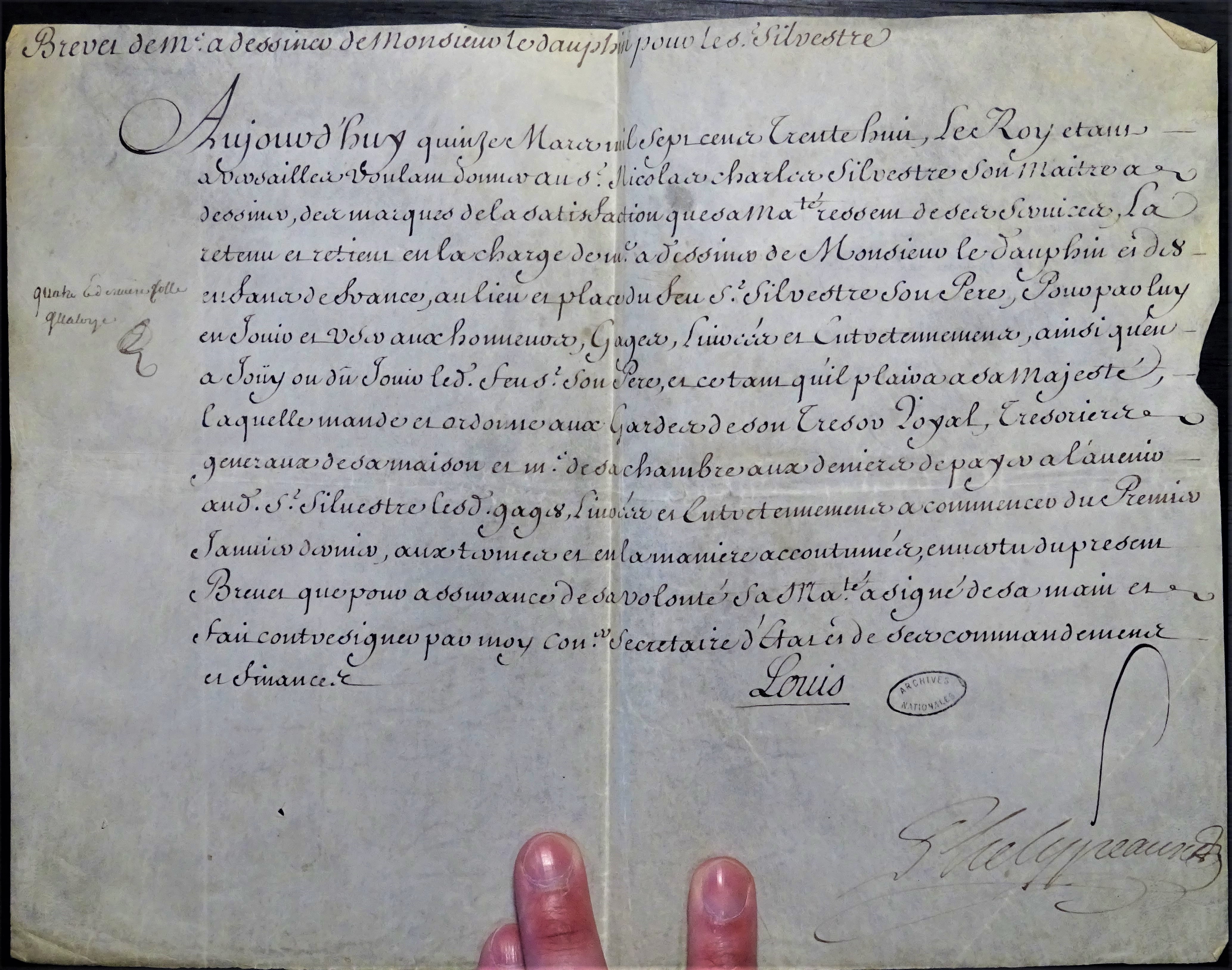  Brevet de Maître à dessiner du Dauphin pour Nicolas-Charles de Silvestre - Document 1