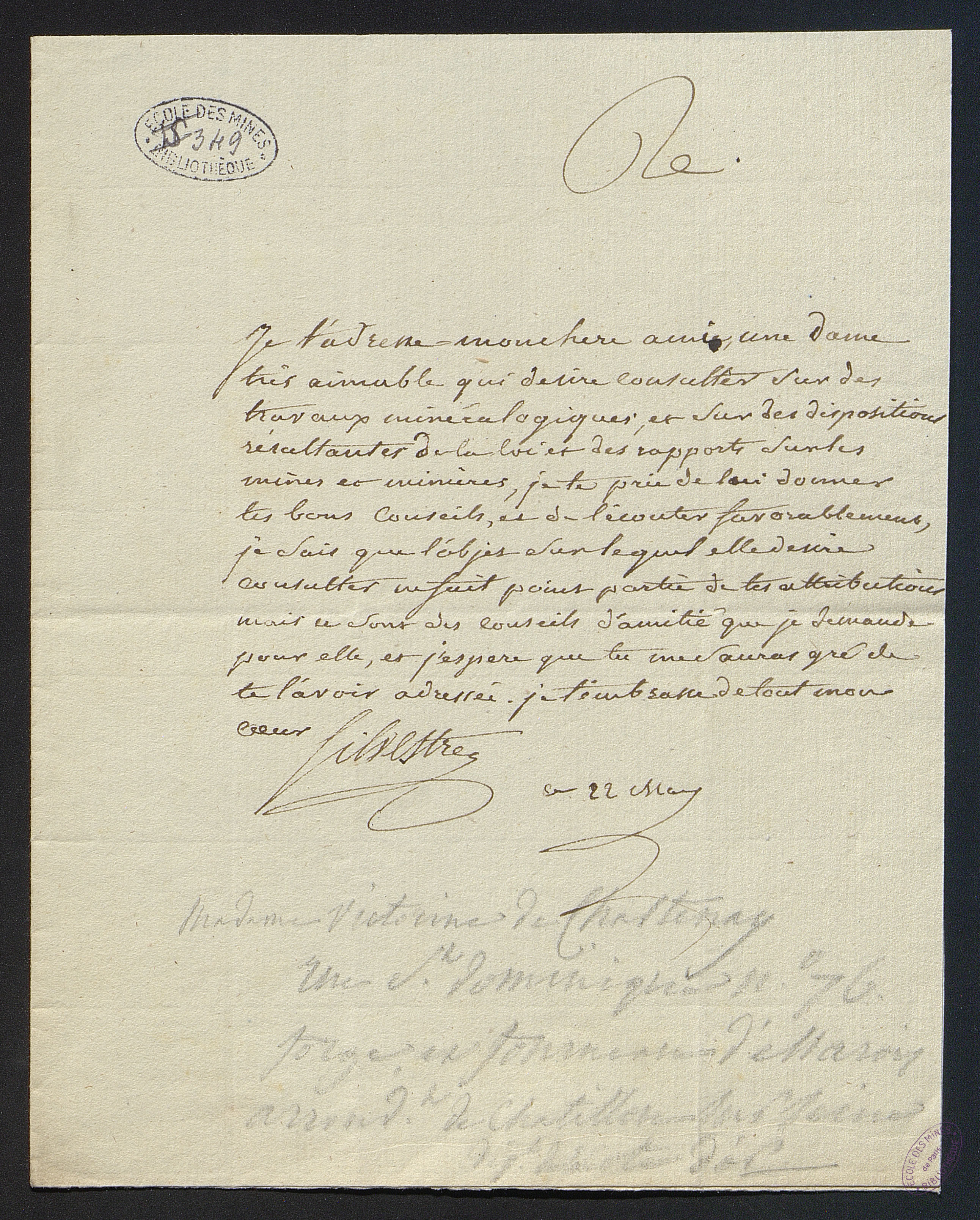  Lettre de Augustin François de Silvestre recommandant Victorine de Chastenay à  Francois Pierre Nicolas GILLET de LAUMONT - Lettre
