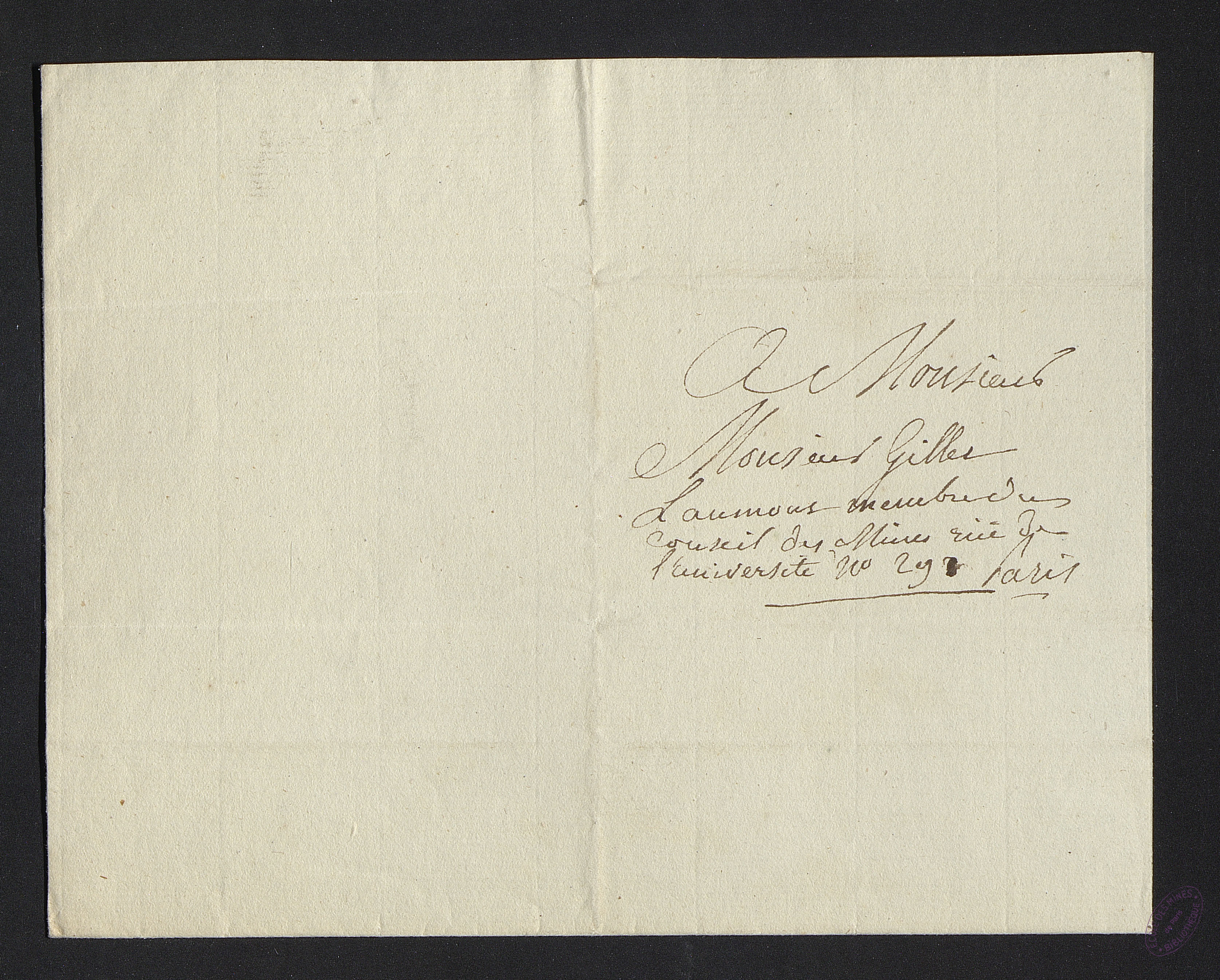  Lettre de Augustin François de Silvestre recommandant Victorine de Chastenay à  Francois Pierre Nicolas GILLET de LAUMONT - Enveloppe